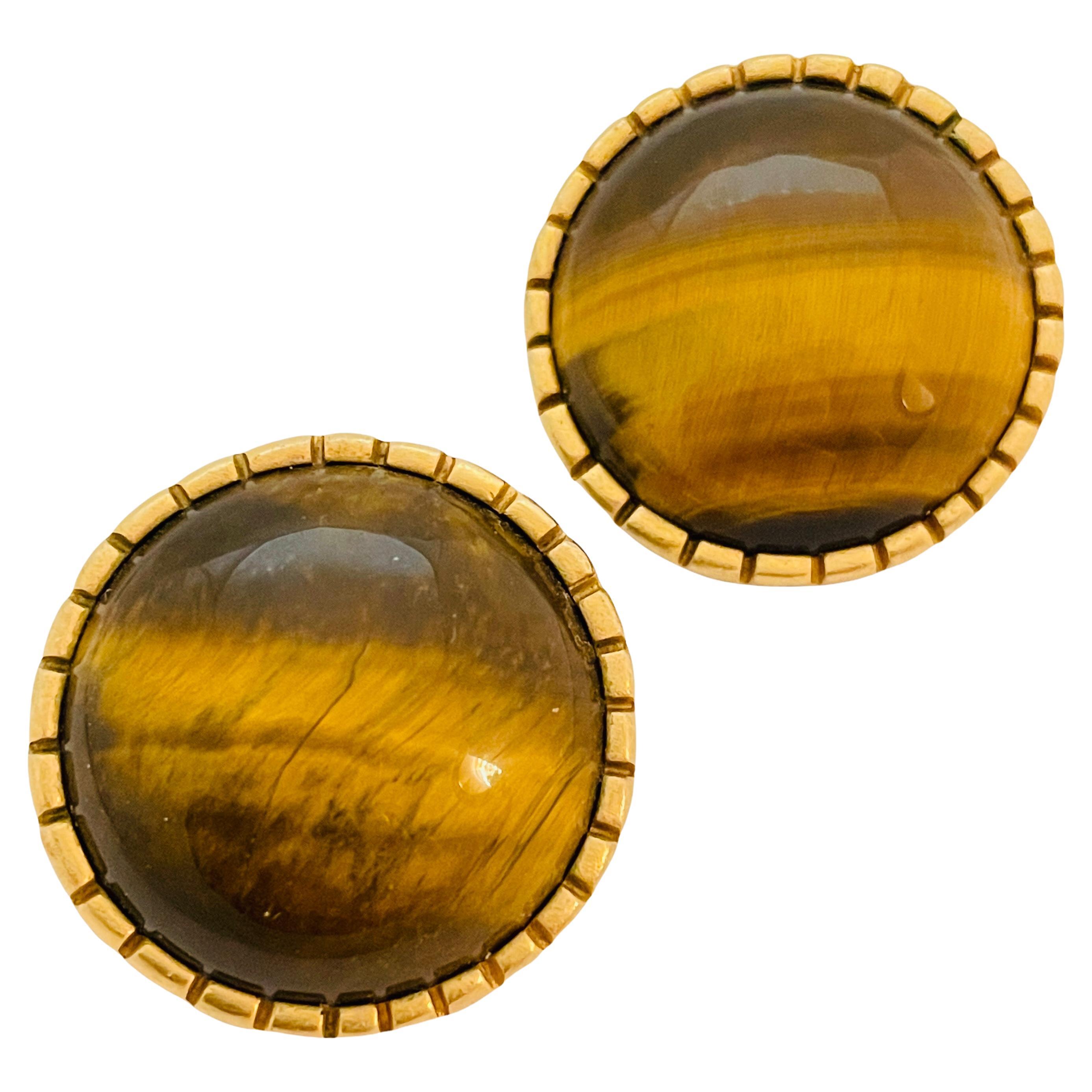Vintage ANN TAYLOR gold glass tiger eye designer runway clip on earrings For Sale