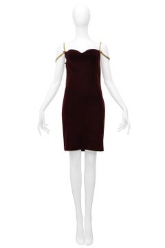 Vintage Anne Klein Burgundy Velvet Dress With Gold Chains & Gemstones