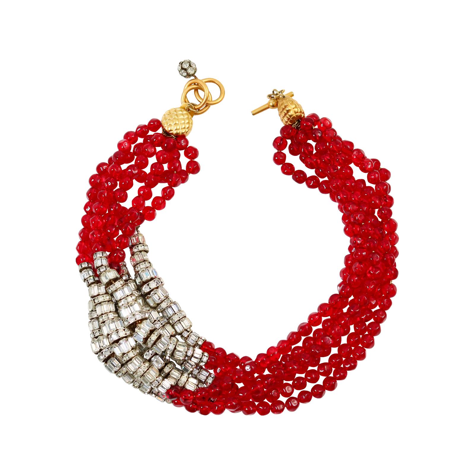 Modern Vintage Anne Klein Couture Red and Diamante Necklace Circa 1980s For Sale