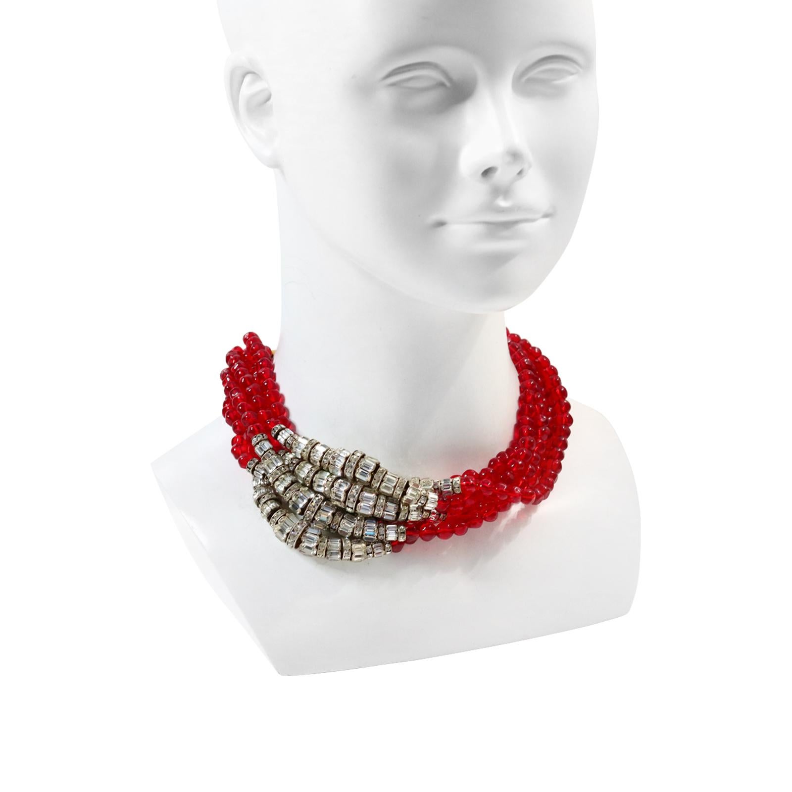 Women's or Men's Vintage Anne Klein Couture Red and Diamante Necklace Circa 1980s For Sale