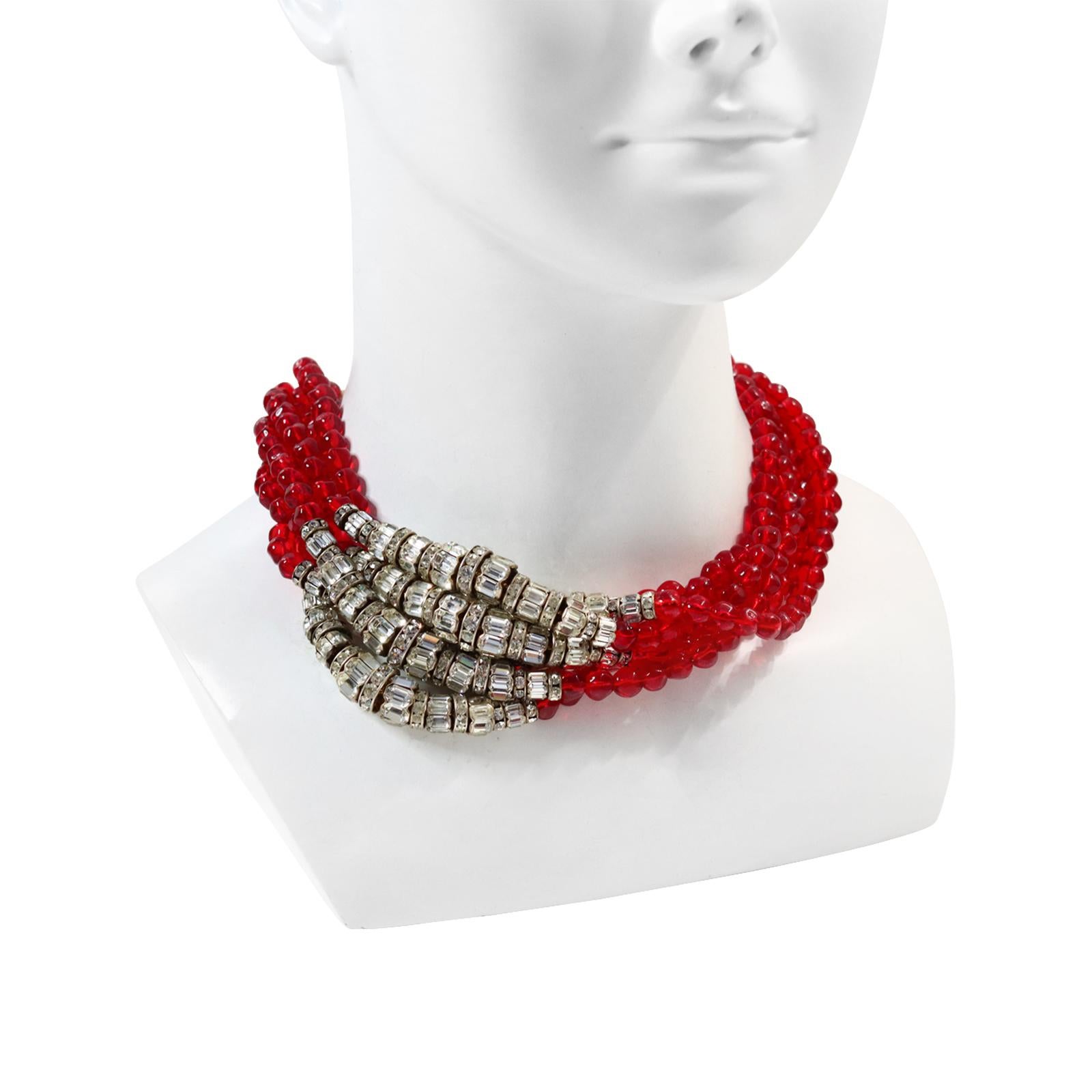 Vintage Anne Klein Couture Red and Diamante Necklace Circa 1980s For Sale 1