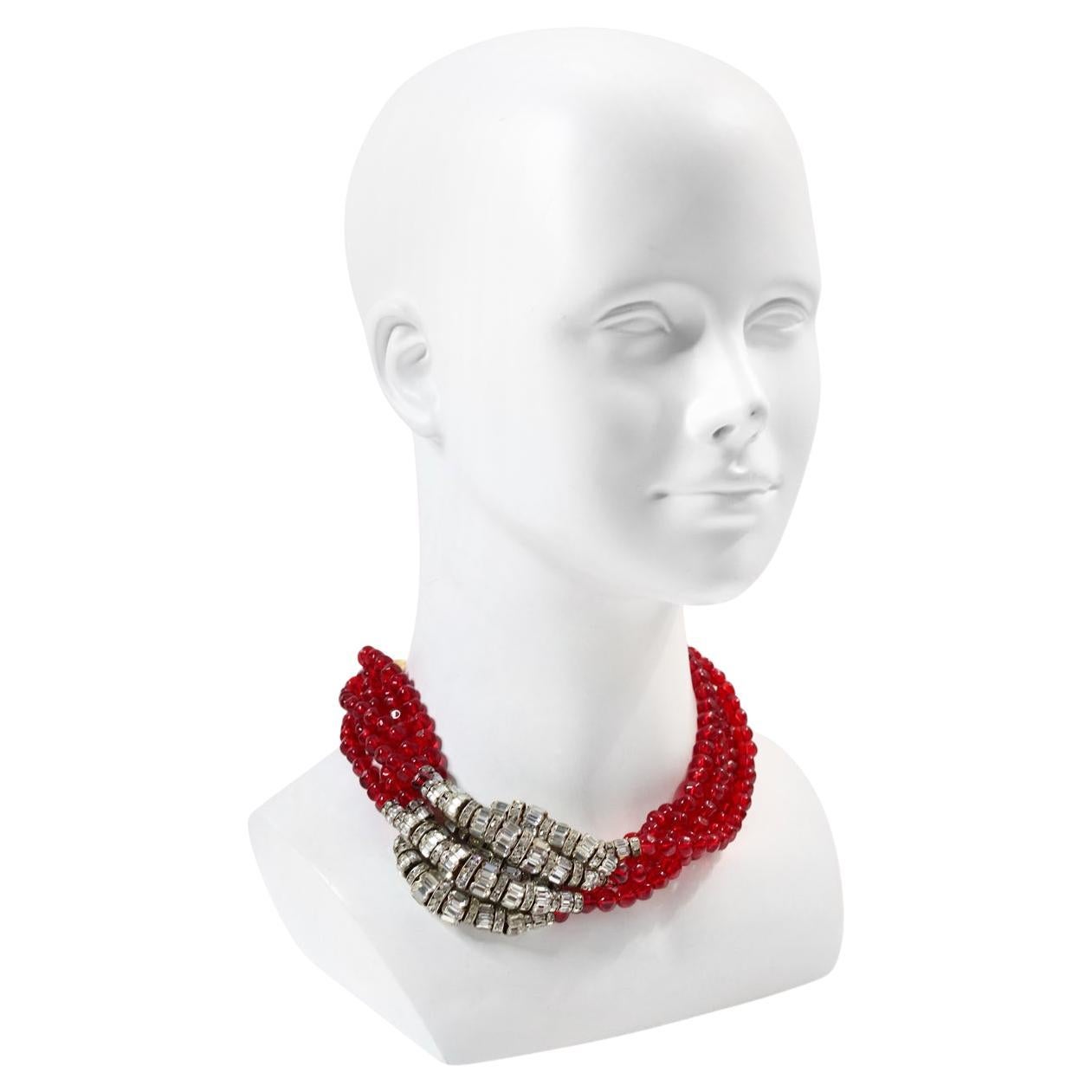 Collana vintage Anne Klein Couture rossa e con diamanti, circa anni '80