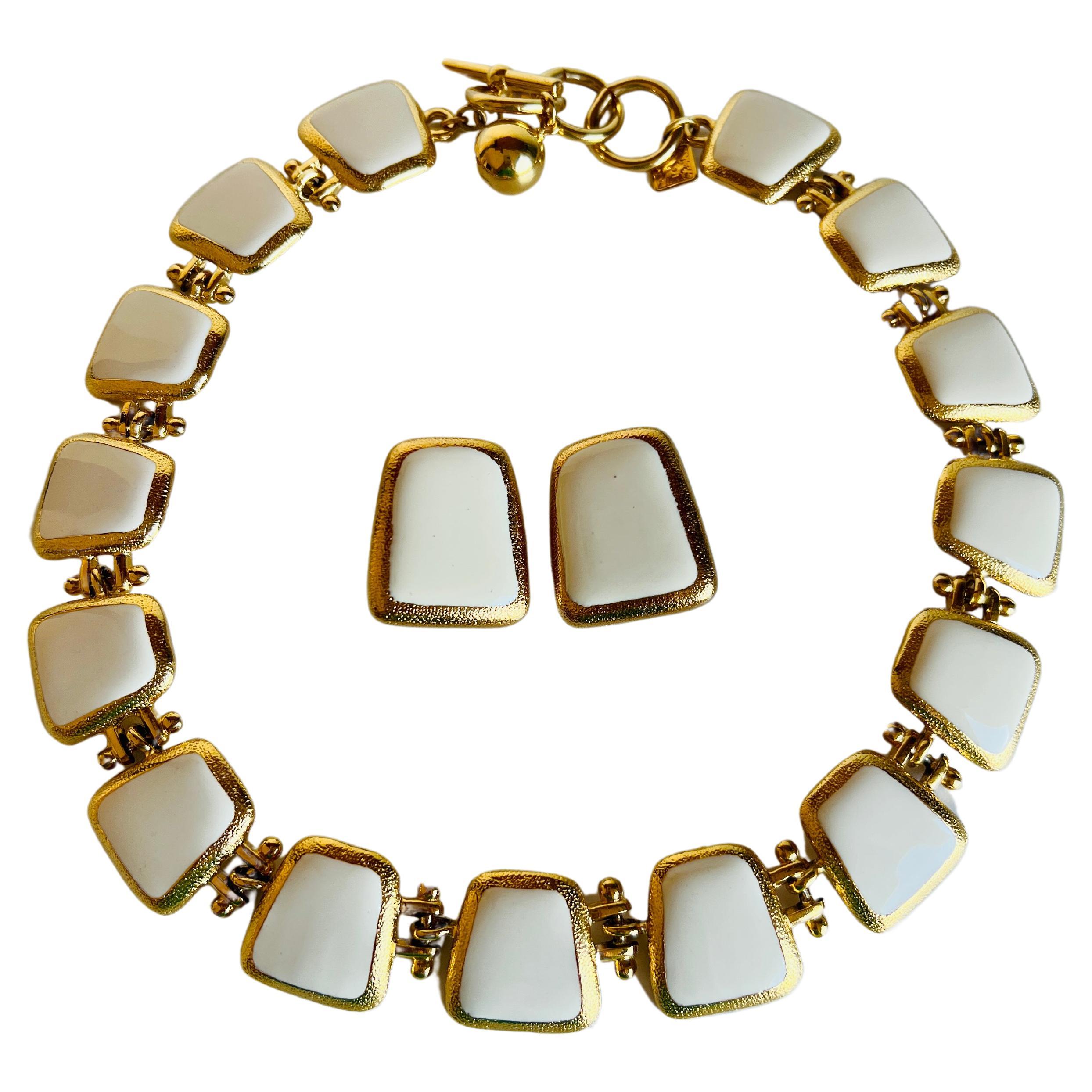 Vintage Anne Klein Enamel Choker Toggle T Bar Statement Necklace Earrings Set For Sale