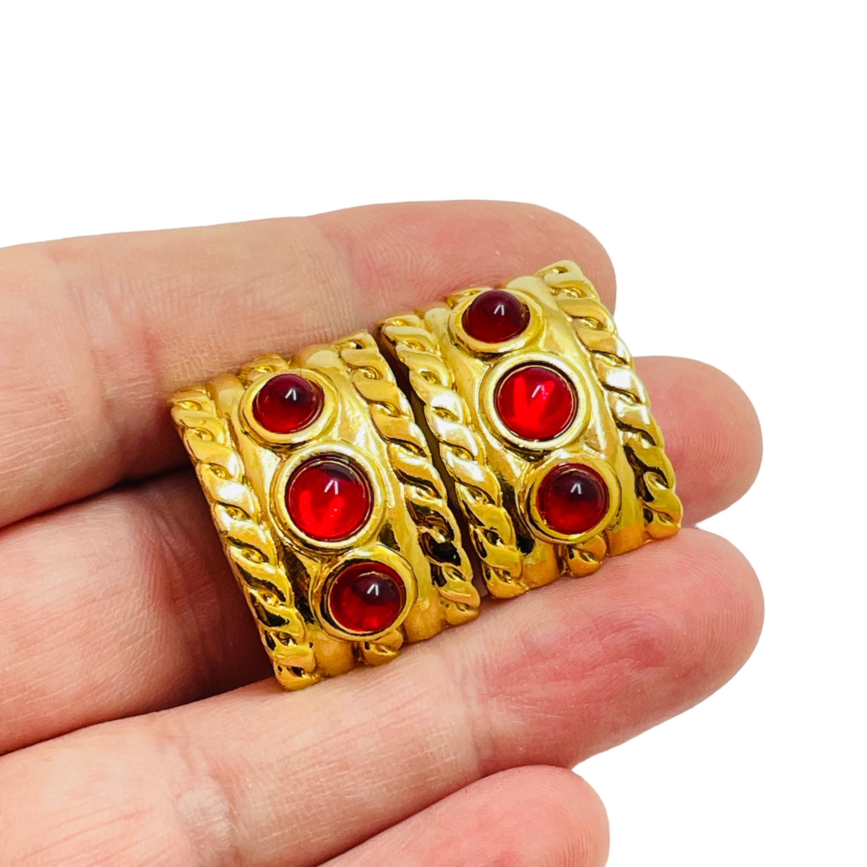 Women's or Men's Vintage ANNE KLEIN gold red glass clip on earrings For Sale