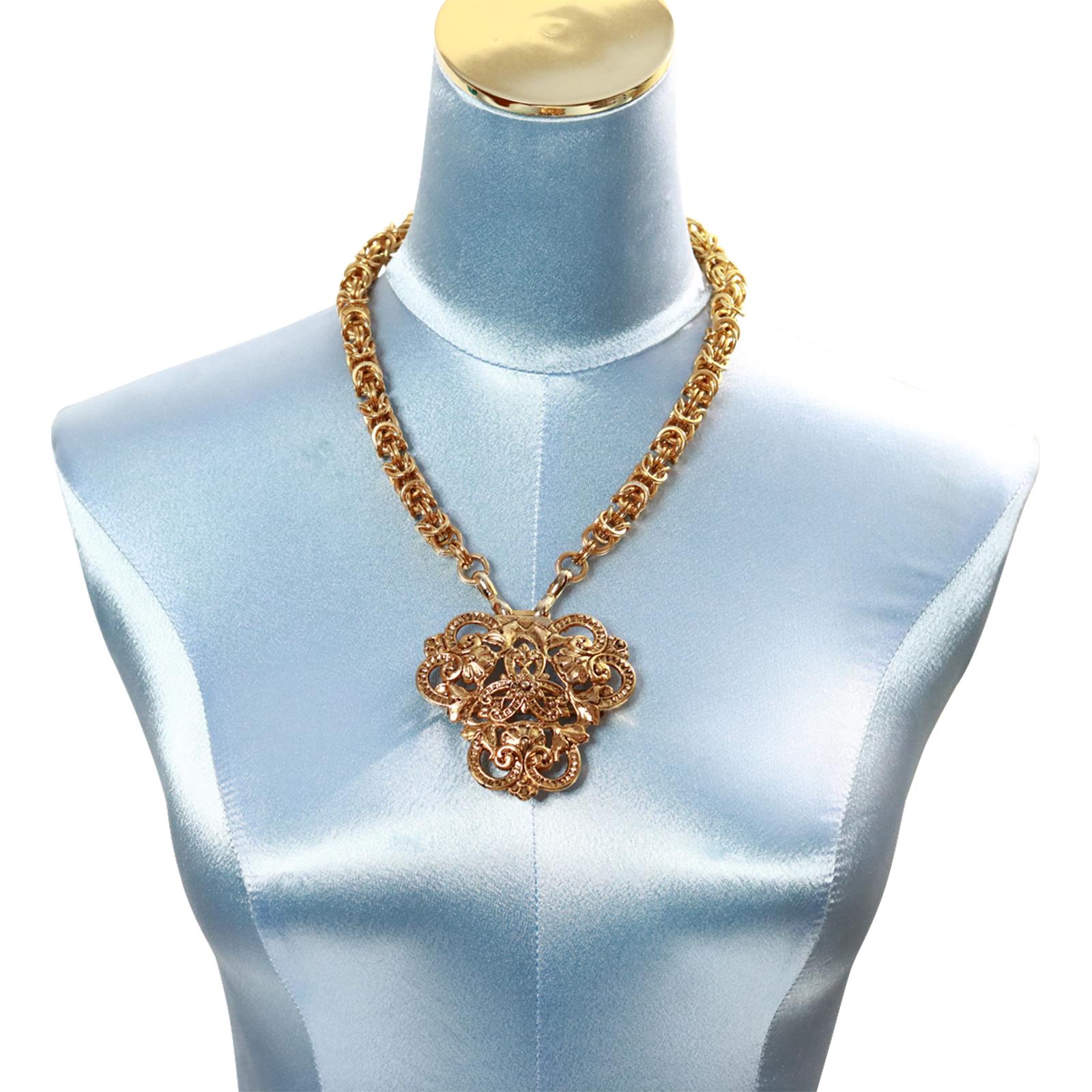 Vintage Anne Klein Gold Tone Long Necklace With Drop Crest Circa 1980s For Sale 3