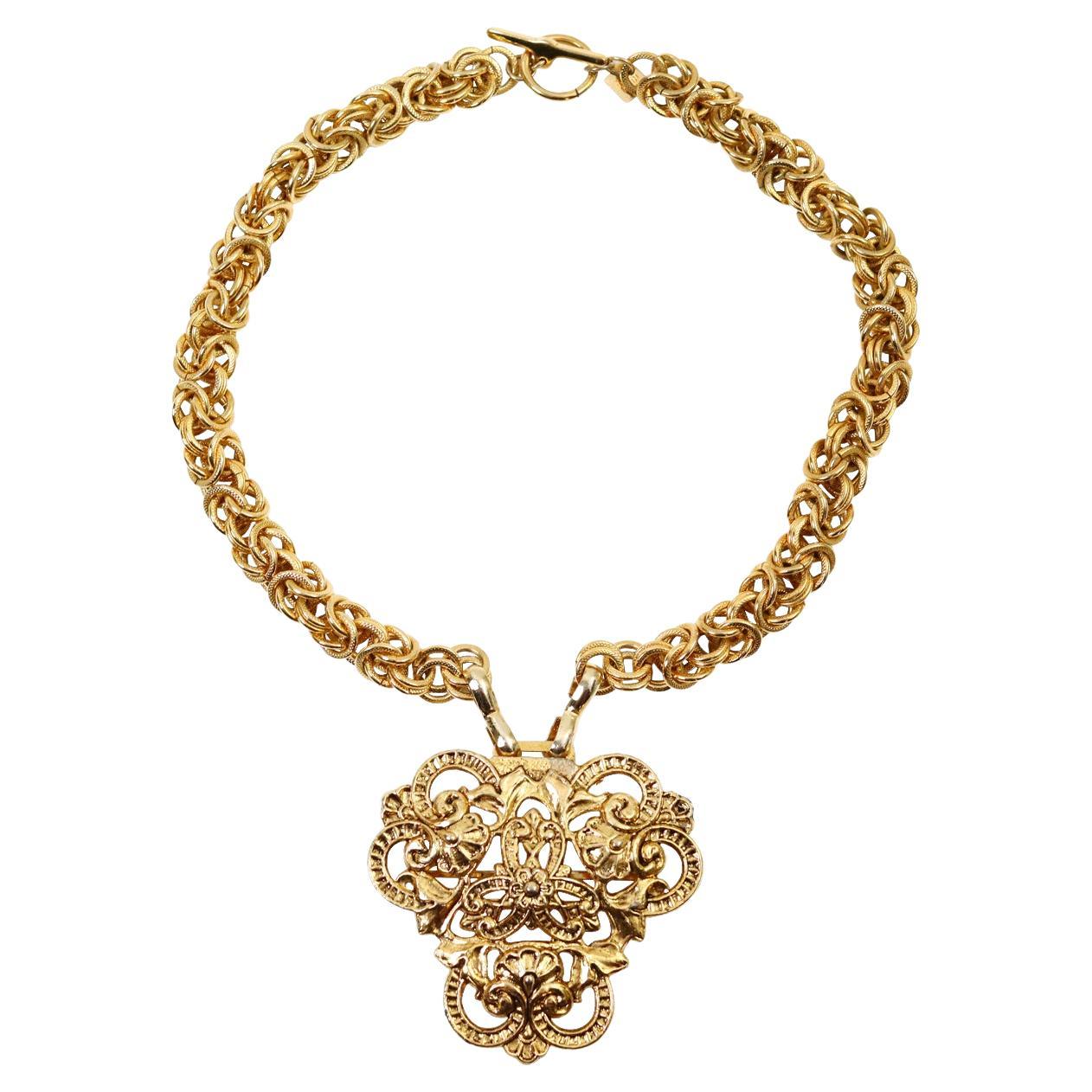 Artist Vintage Anne Klein Gold Tone Long Necklace With Drop Crest Circa 1980s For Sale