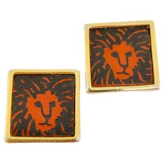 Vintage ANNE KLEIN lion gold designer runway clip on earrings 