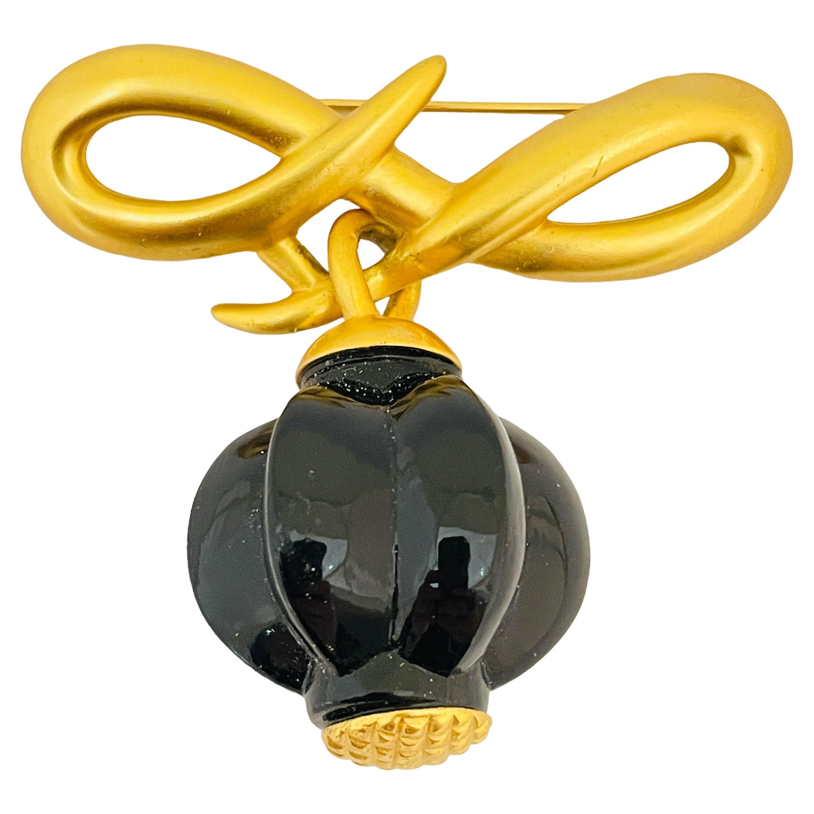Vintage ANNE KLEIN matte gold black lucite designer runway brooch
