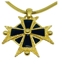 Vintage ANNE KLEIN signed gold enamel massive maltese cross designer necklace