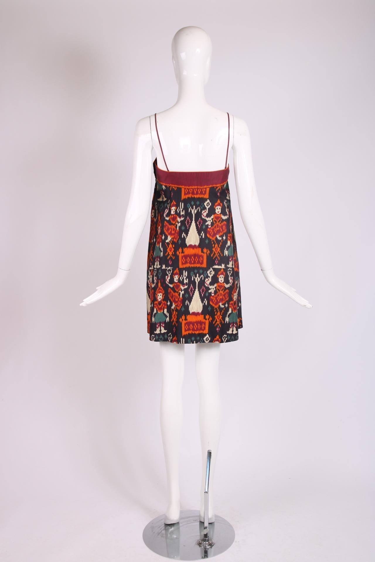 Brown Vintage Anne Klein Silk Mini Dress w/Ikat Print & Elephants For Sale