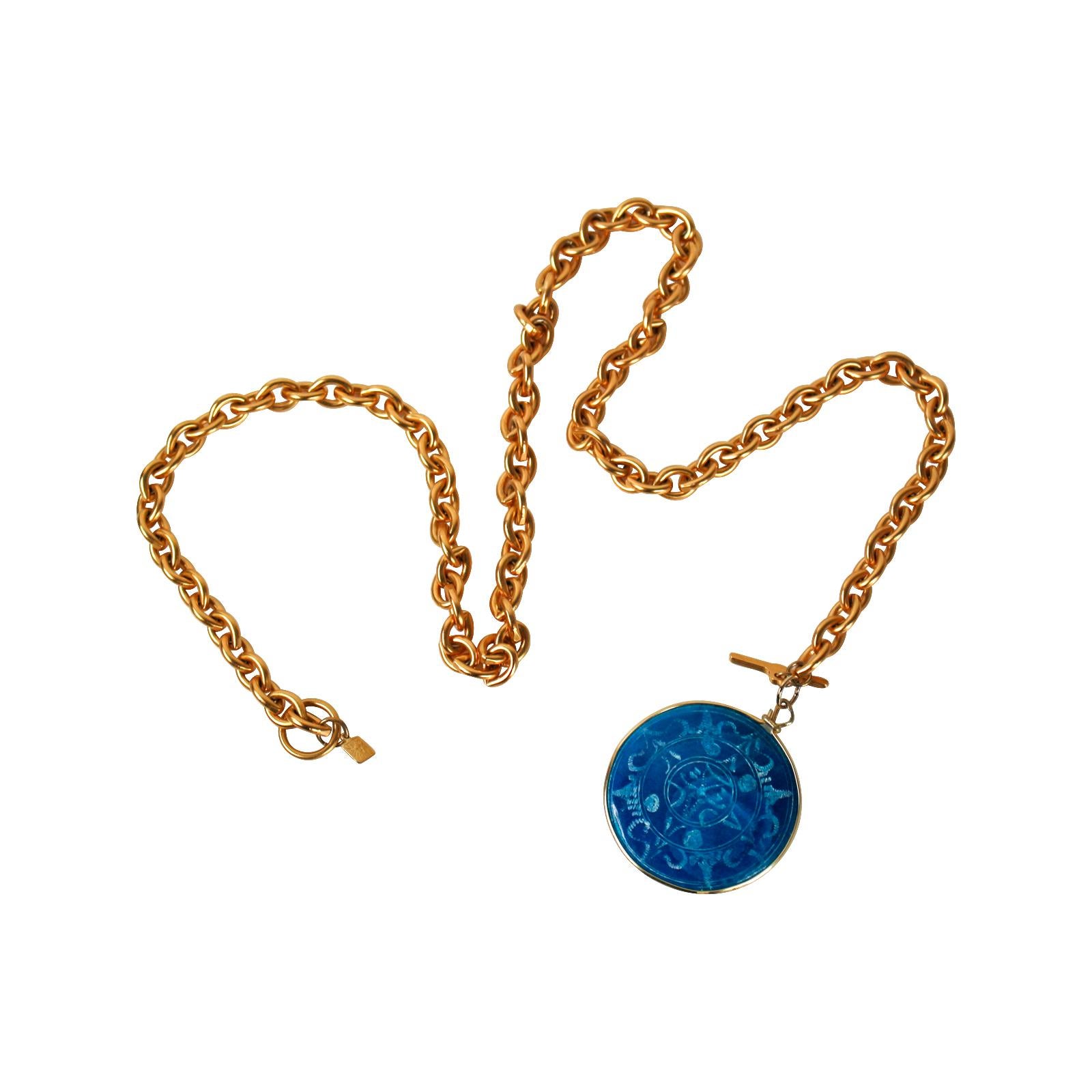 Women's Vintage Anne Klein Toggle Necklace with Blue Disc Circa 1980s For Sale