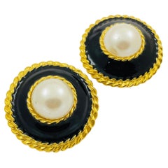 Vintage ANNE KLEINN huge gold black enamel pearl runway designer clip on earring