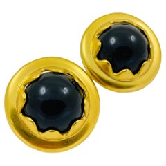 Vintage ANNE KLEINN matte gold black lucite runway designer clip on earrings