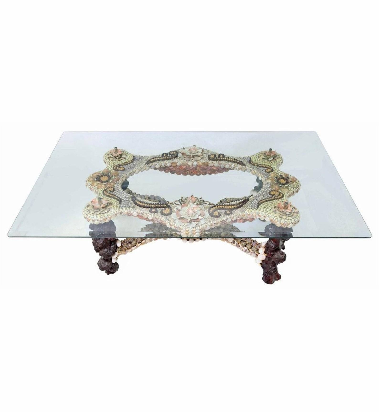 Folk Art Vintage Anthony Redmile Grotto Style Shellwork Decorated Glass Top Table For Sale