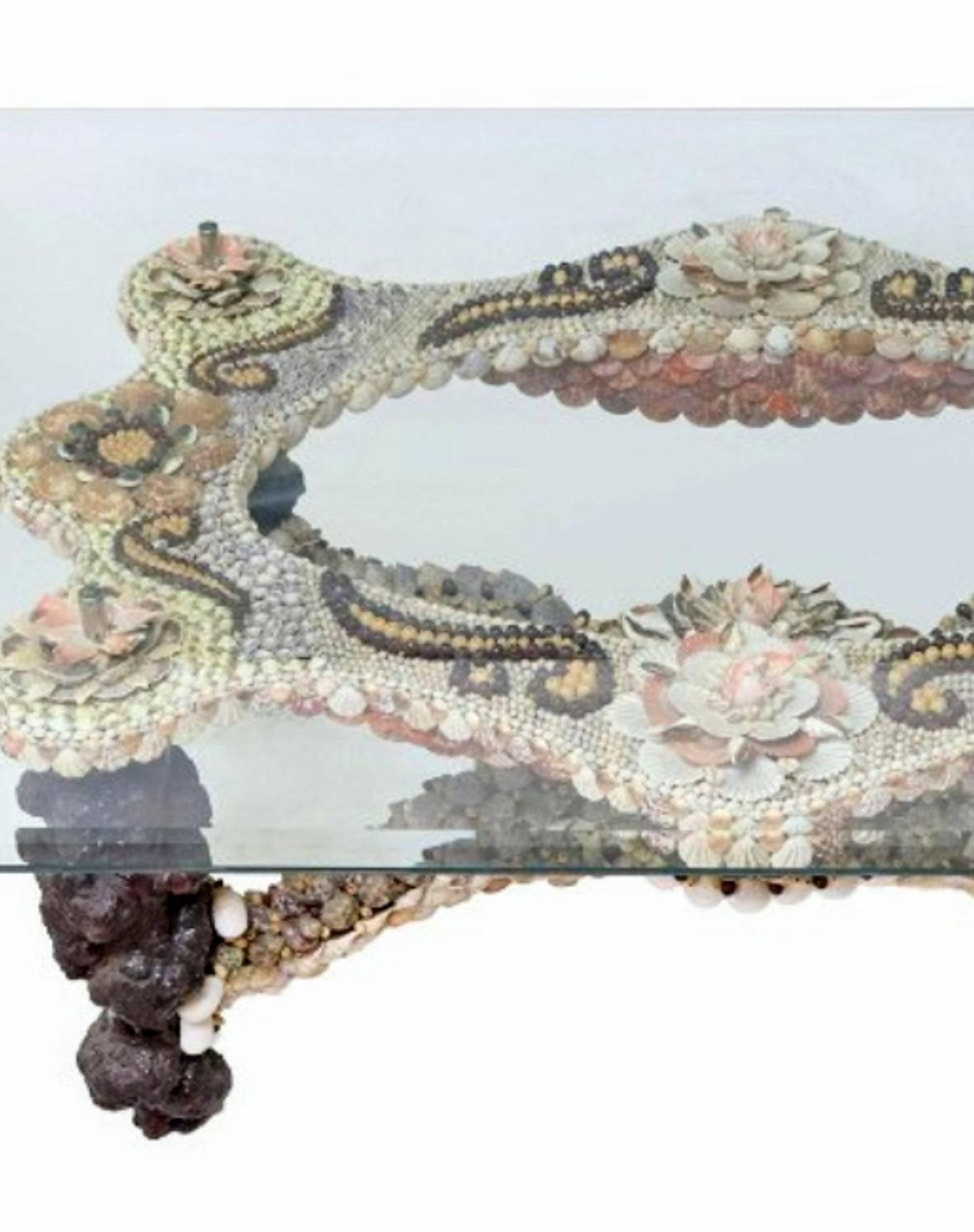 European Vintage Anthony Redmile Grotto Style Shellwork Decorated Glass Top Table For Sale