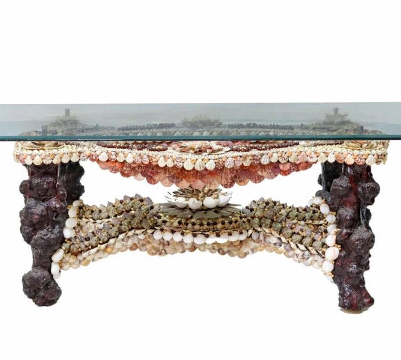Vintage Anthony Redmile Grotto Style Shellwork Decorated Glass Top Table For Sale 1
