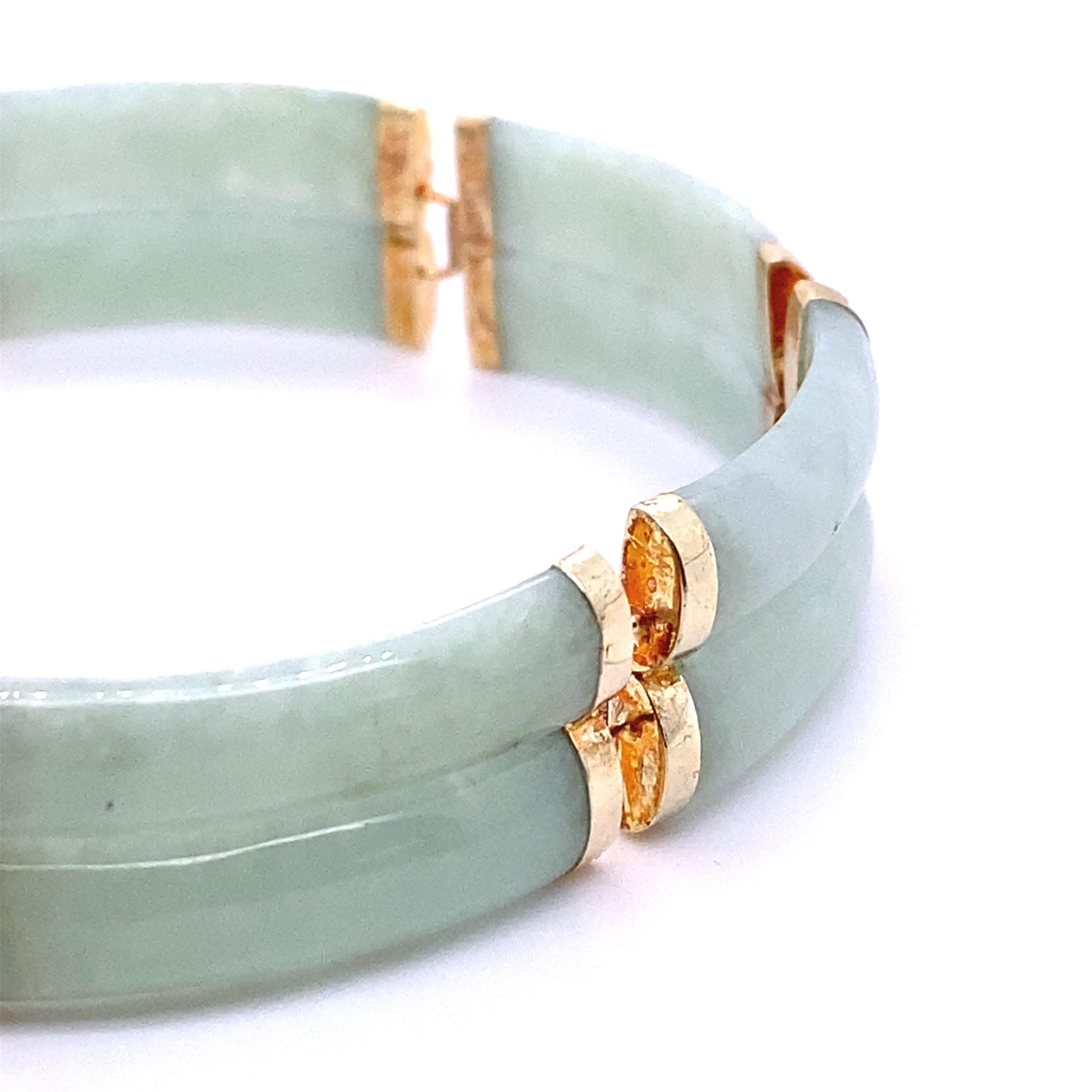 Vintage, Antique, 14kt Yellow Gold and Light Green Jade Bangle Bracelet, 7.5