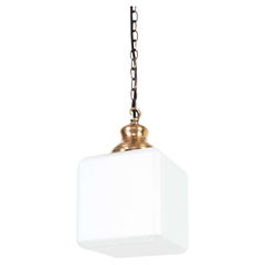 Vintage Antique Art Deco 6" Cube GEC Opaline Glass Pendant Light, C.1930