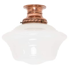 Vintage Antique Art Deco Church White Opaline Glass Flush Ceiling Light, C.1920