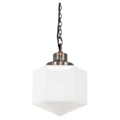 Lampada a sospensione vintage d’epoca in stile Art Déco, in rame e vetro opalino, 1930 circa