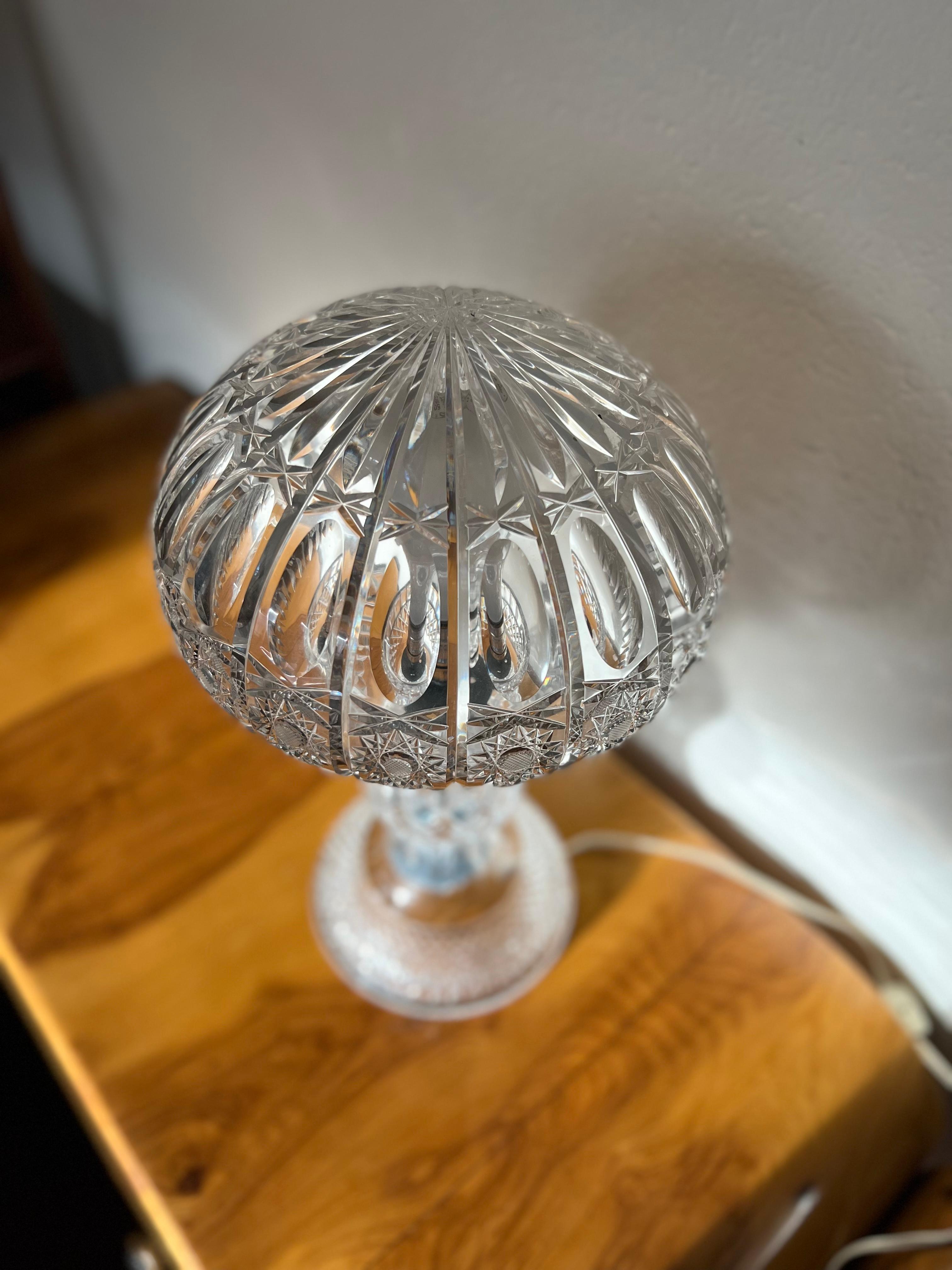 Hand-Carved Vintage Antique Art Deco Hand Cut Mushroom Crystal Table Lamp For Sale