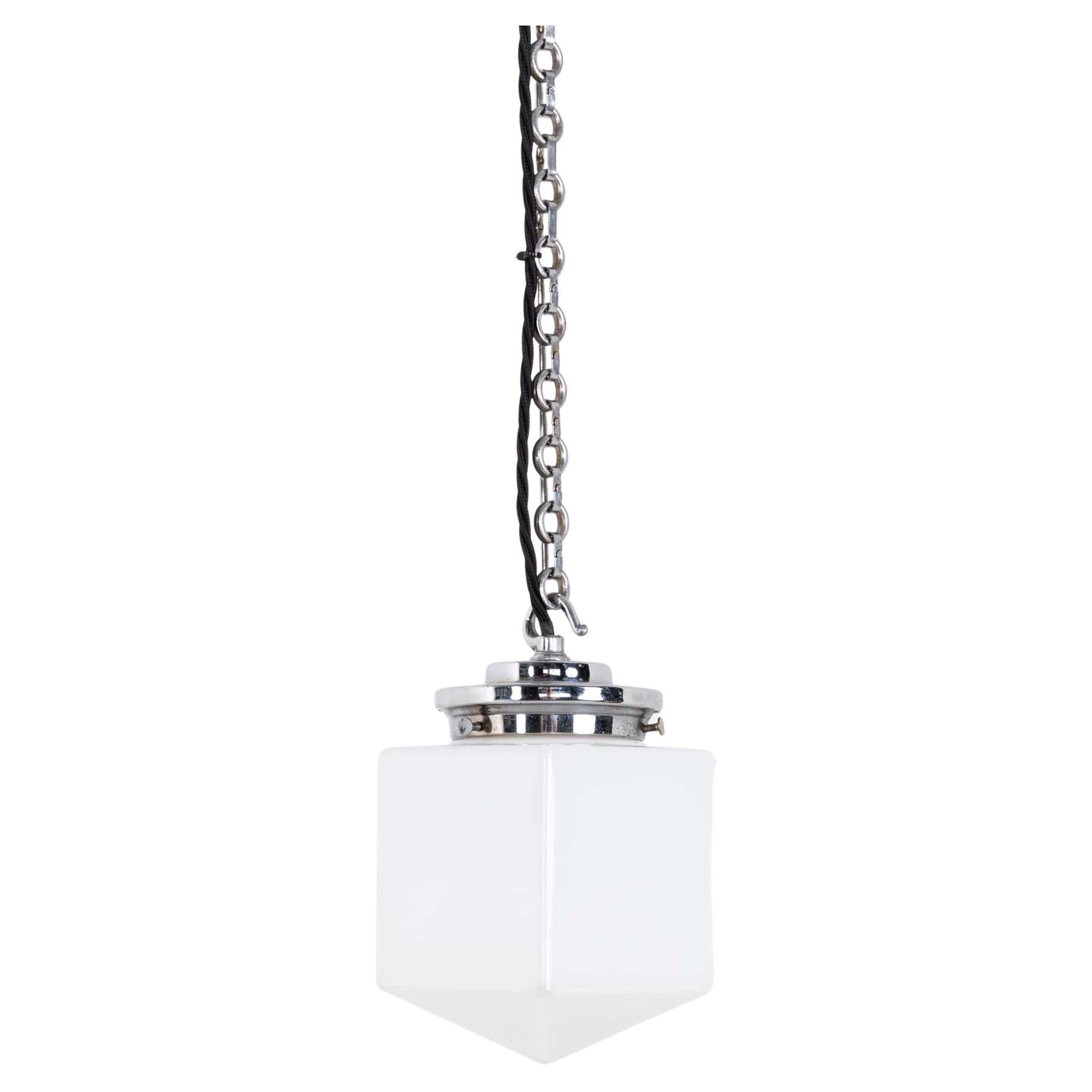 Vintage Antique Art Deco Hexagonal Opaline Glass Pendant Light, C.1930