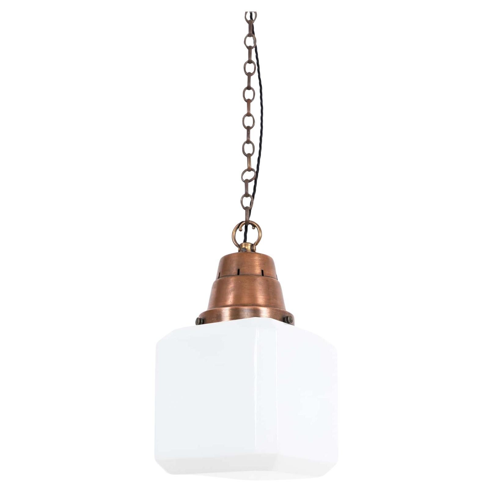 Vintage Antique Art Deco Large GEC Cube Opaline Glass Pendant Light, C.1930