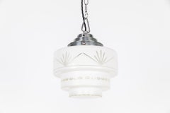 Vintage Antique Art Deco Round Stepped Cut Opaline Glass Pendant Light, C.1930