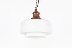 Vintage Antique Art Deco Round Stepped Satin Opaline Glass Pendant Light, C.1930