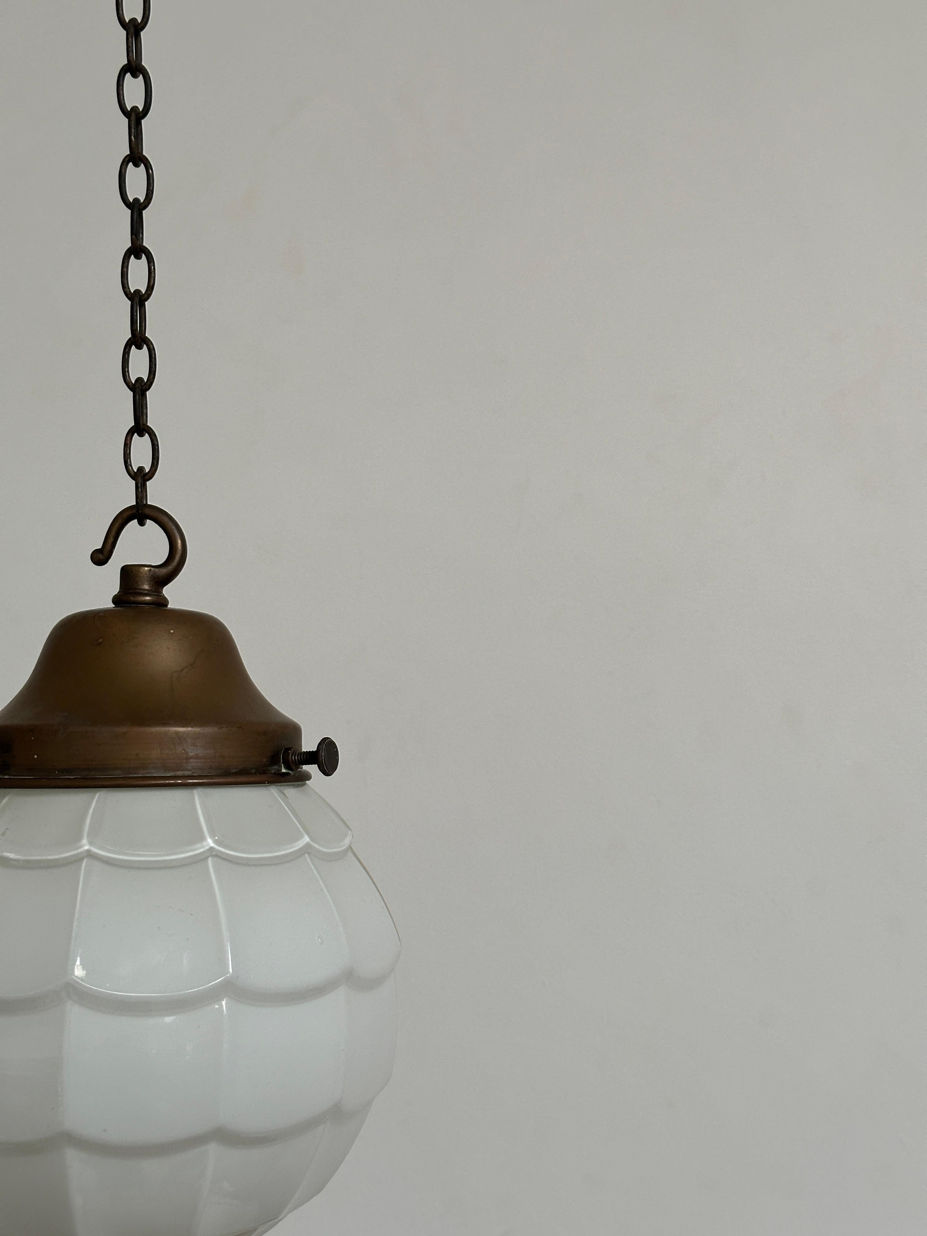 20th Century Vintage Antique Brass Church Opaline Milk Glass Ceiling Pendant Light Lamp For Sale