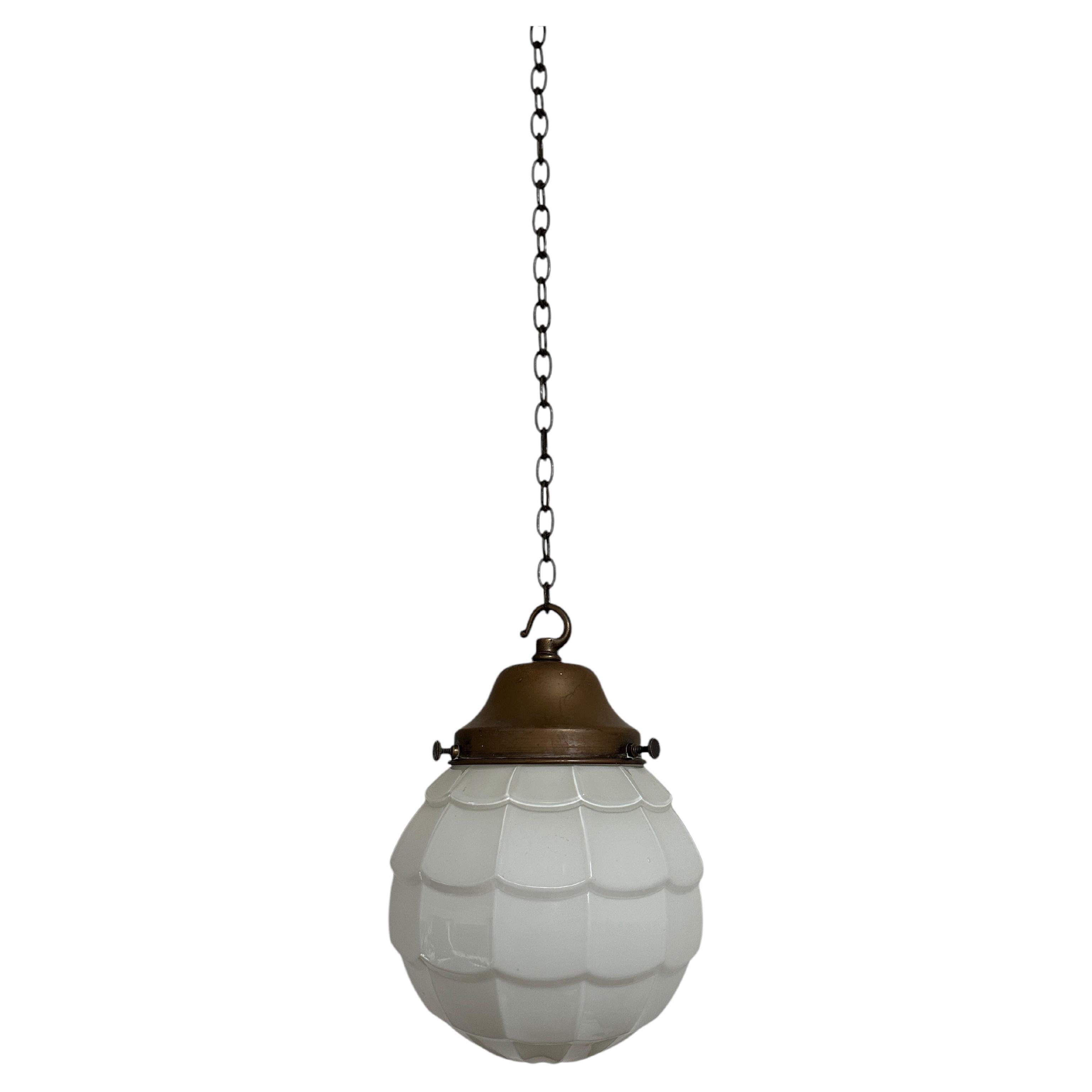 Vintage Antique Brass Church Opaline Milk Glass Ceiling Pendant Light Lamp