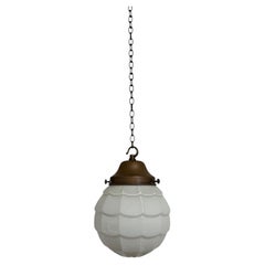 Vintage Antique Brass Church Opaline Milk Glass Ceiling Pendant Light Lamp