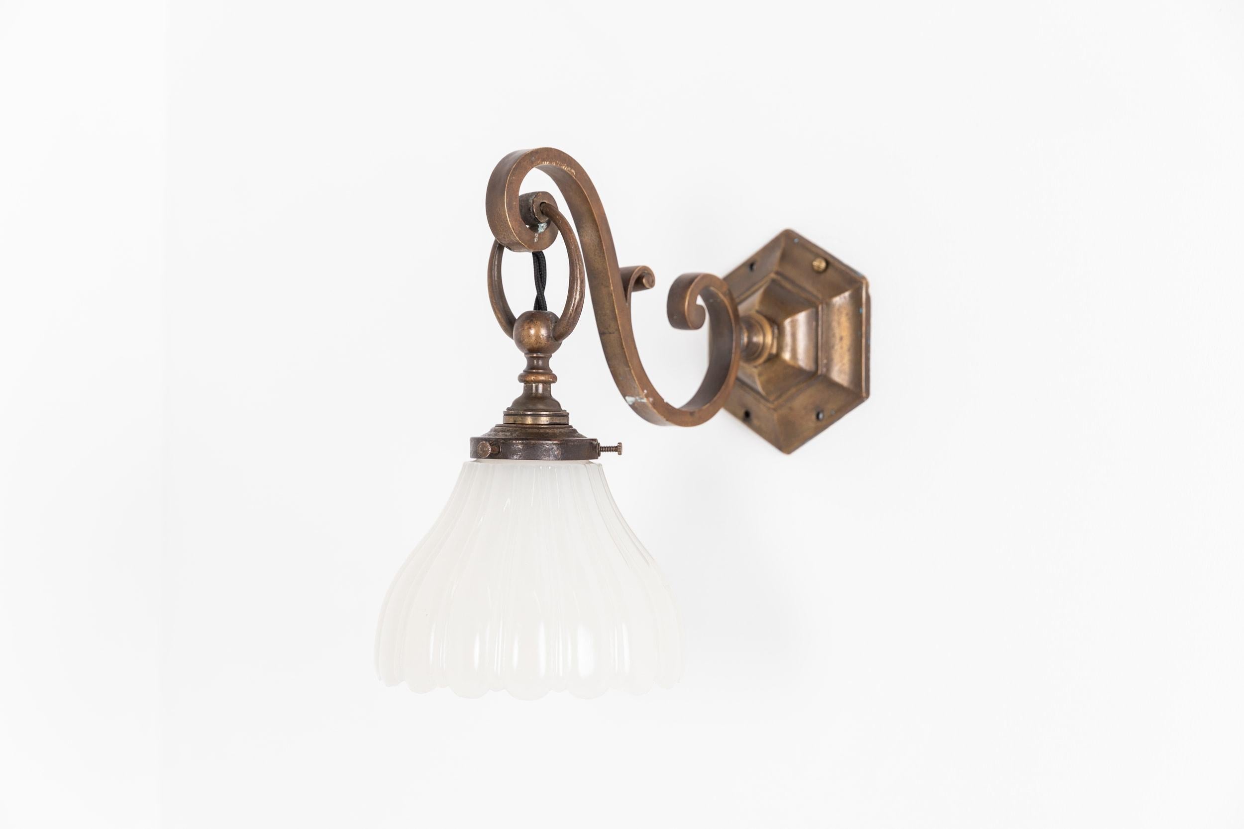 Pressed Vintage Antique Brass GEC Moonstone Wall Lamp Sconce Light c.1930 For Sale