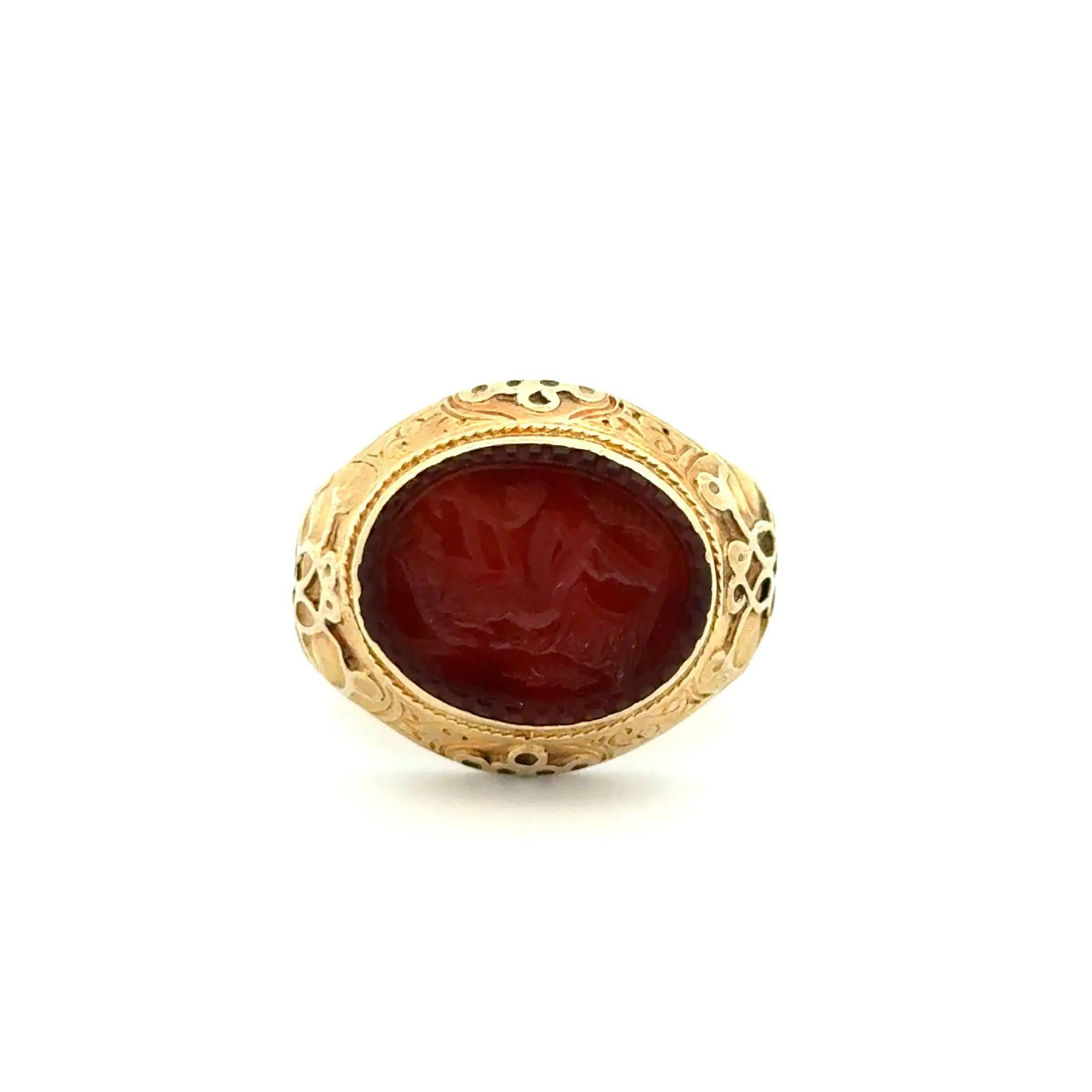 Oval Cut Vintage Antique Carnelian Intaglio Engraved Gold Ring For Sale