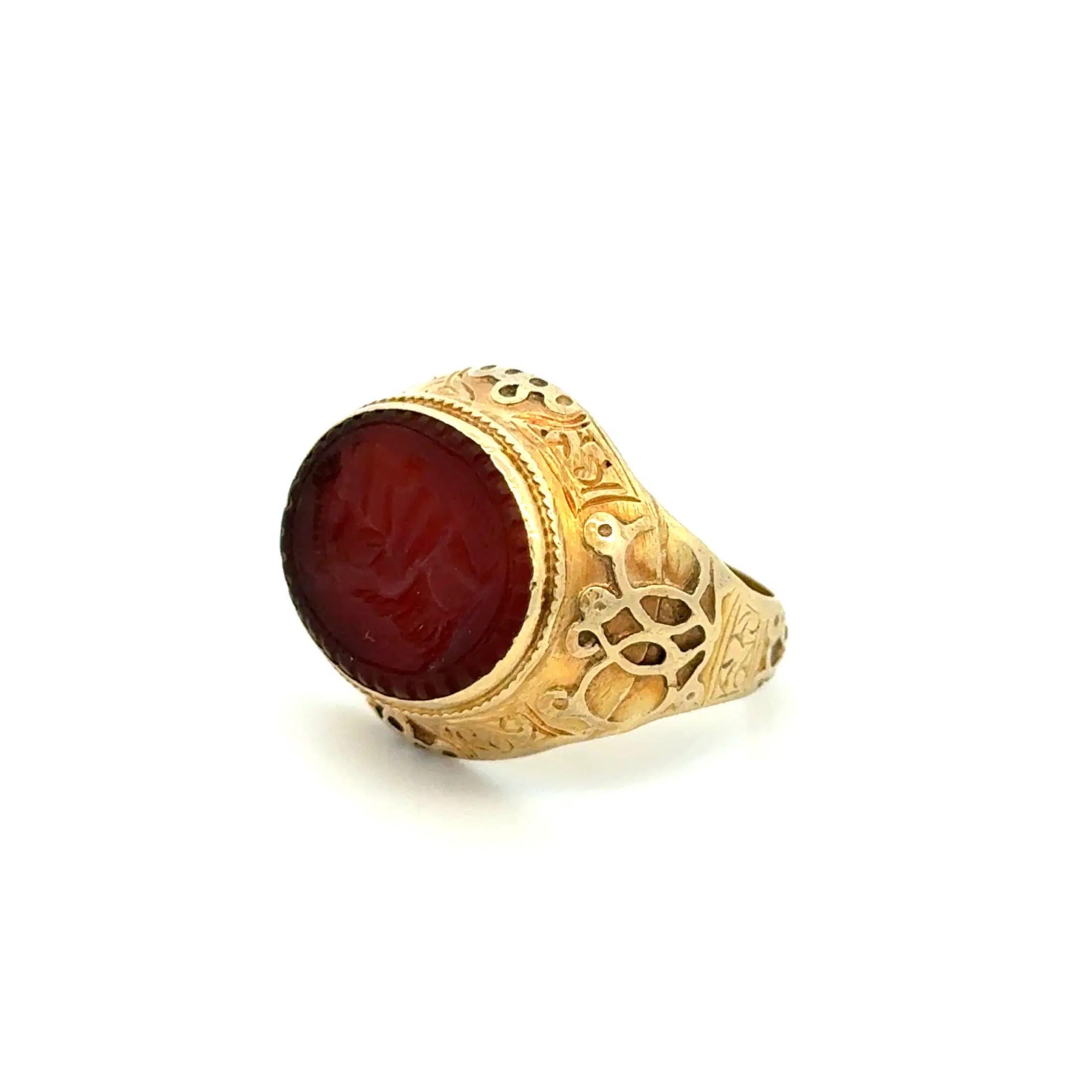 Women's or Men's Vintage Antique Carnelian Intaglio Engraved Gold Ring For Sale