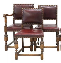 Vintage / Antique Chairs, Arm & Side, Jacobean, English, Oak, Leather, Set of 6!