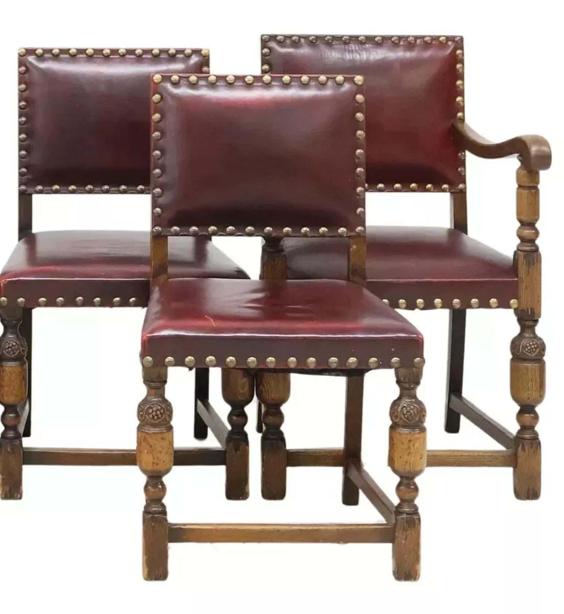 Altro Sedie vintage/antiche, a braccio e laterali, giacobine, inglesi, in quercia, in pelle, set di 6! in vendita