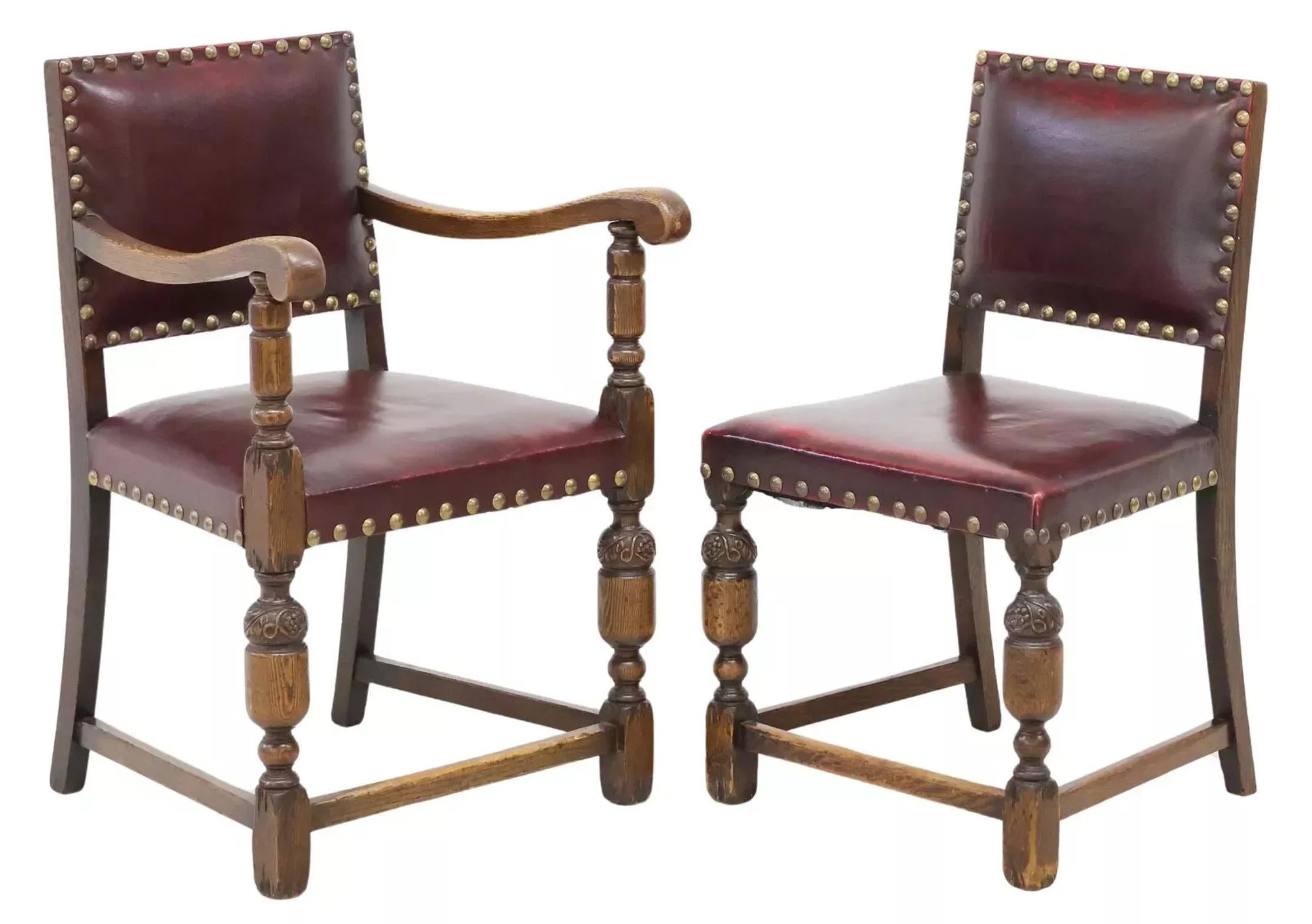 Britannico Sedie vintage/antiche, a braccio e laterali, giacobine, inglesi, in quercia, in pelle, set di 6! in vendita