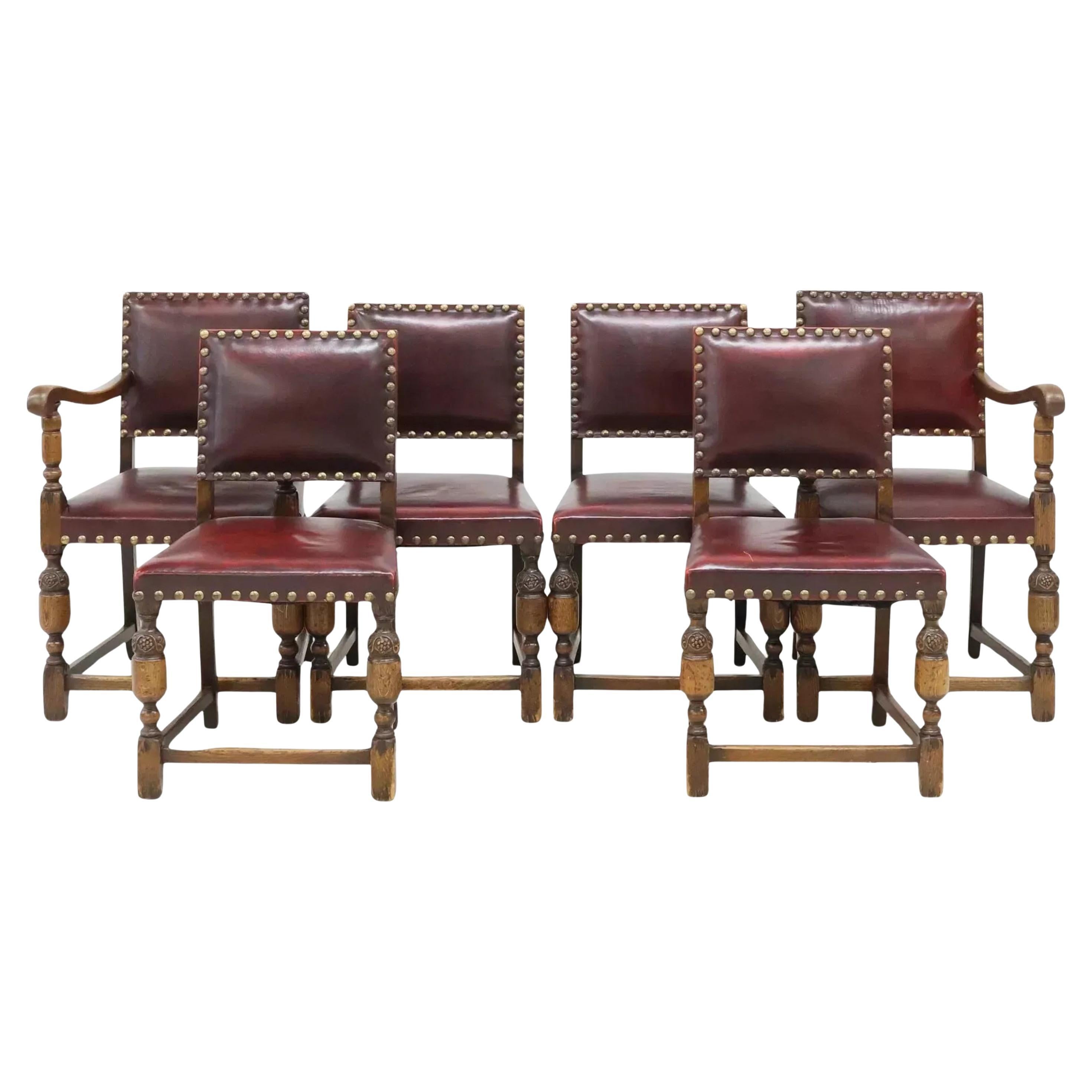 Vintage / Antique Chairs, Arm & Side, Jacobean, English, Oak, Leather, Set of 6!