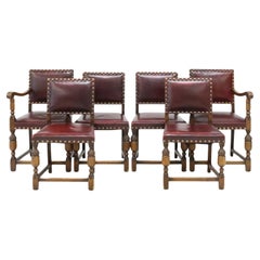 Vintage / Antique Chairs, Arm & Side, Jacobean, English, Oak, Leather, Set of 6!