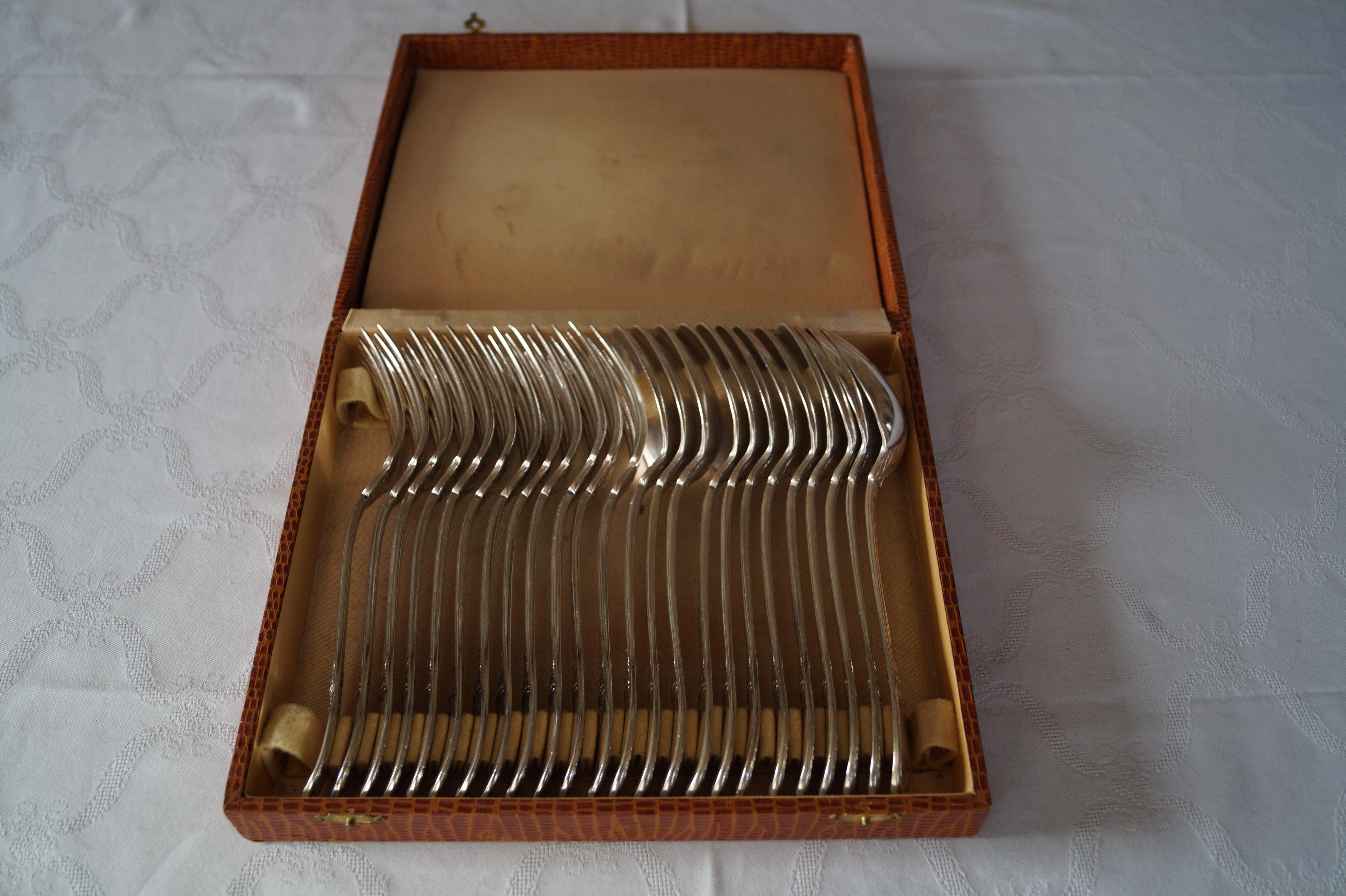 Vintage French silver plated dinner cutlery set with cassete (box) of CHRSTOFLE pattern-shape 