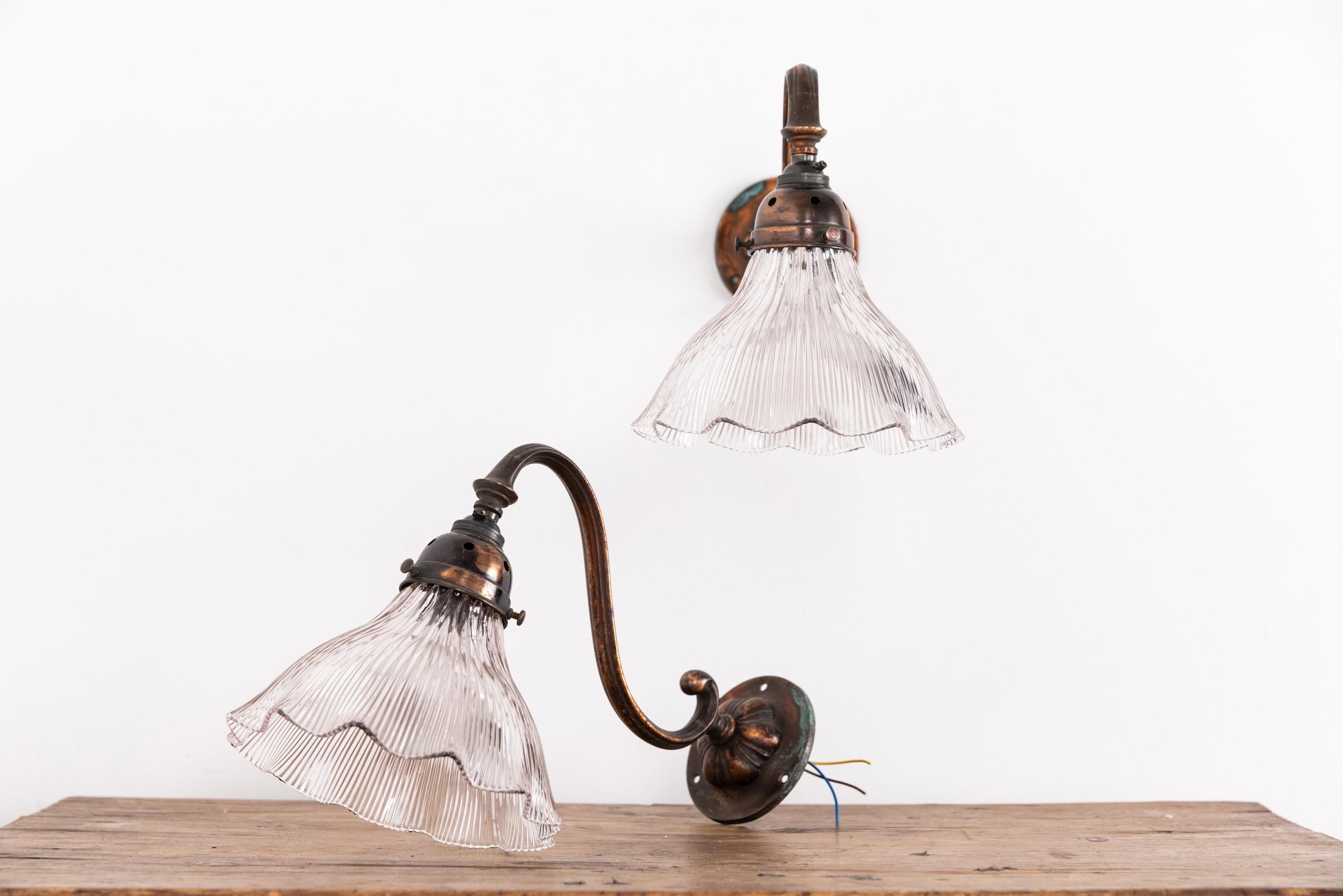 Arts and Crafts Vintage Antique Copper Brass GEC Holophane Glass Wall Lamp Sconce Light c.1920