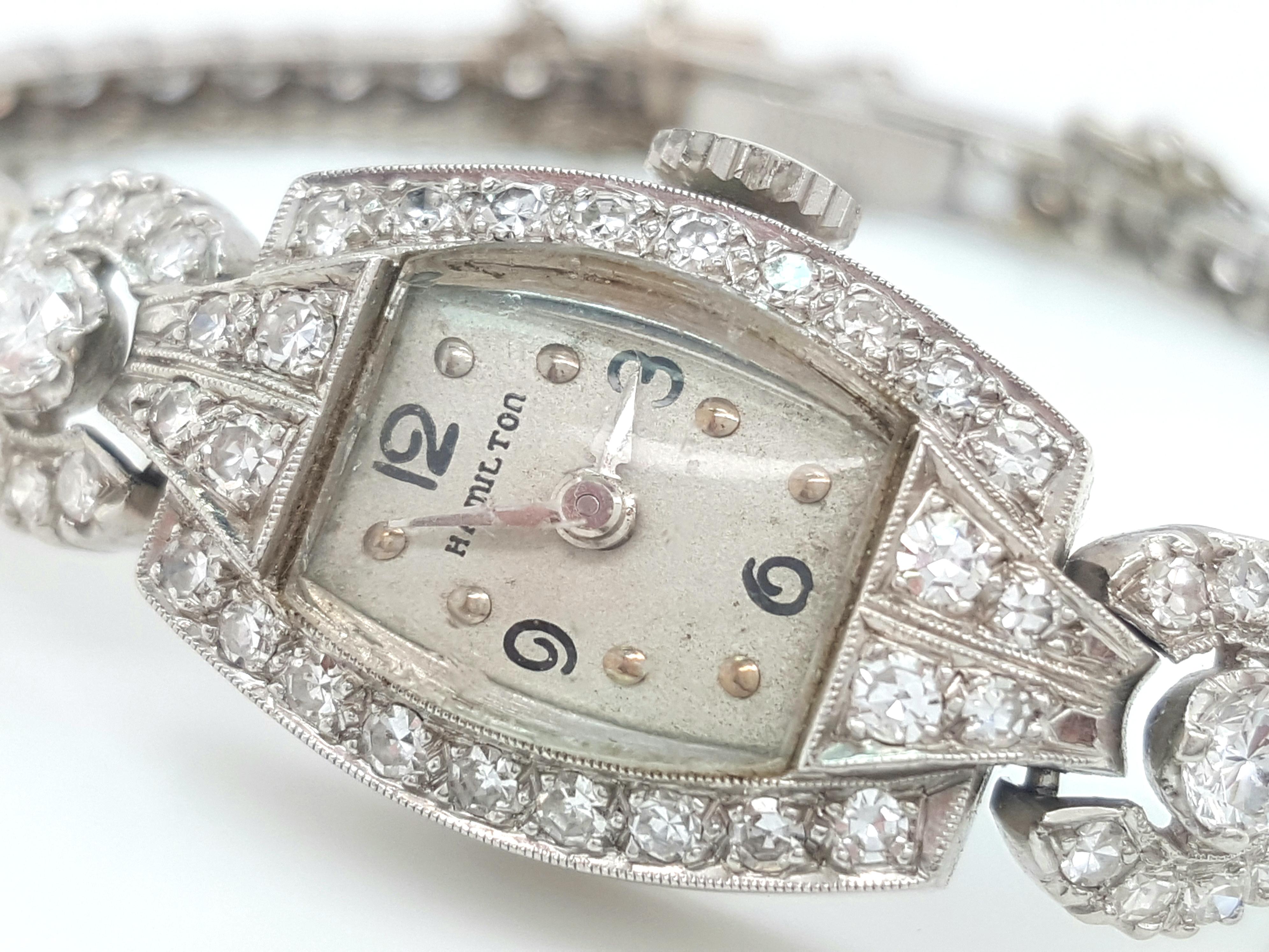 Vintage Antike Diamant Hamilton Platin Damenuhr (Rundschliff)