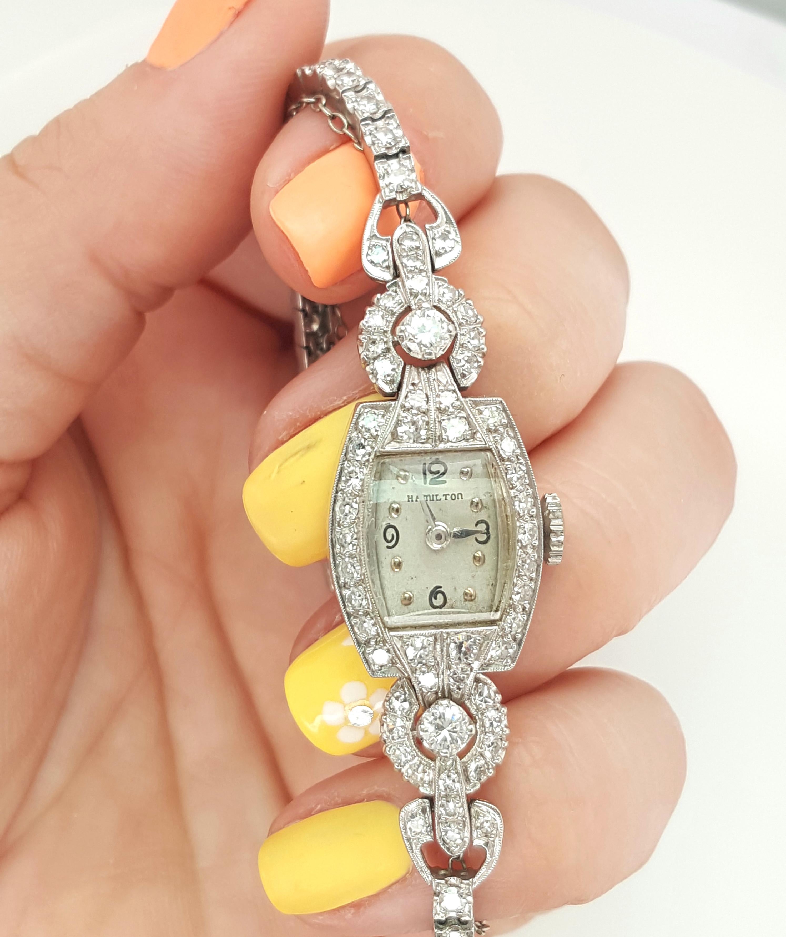 Vintage Antike Diamant Hamilton Platin Damenuhr im Zustand „Gut“ in Addison, TX