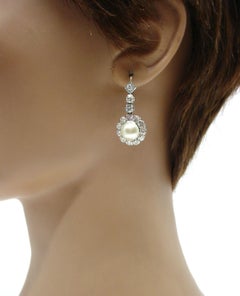 Vintage Antique Diamond Pearl Halo Drop White Gold Earrings--1.50 cts.