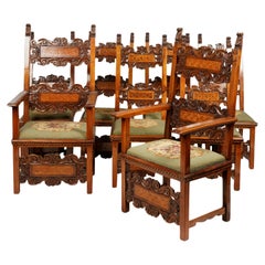 Vintage / Antique  Dining, Set of Eight, Carved, Needlepoint Upholstery, Chairs