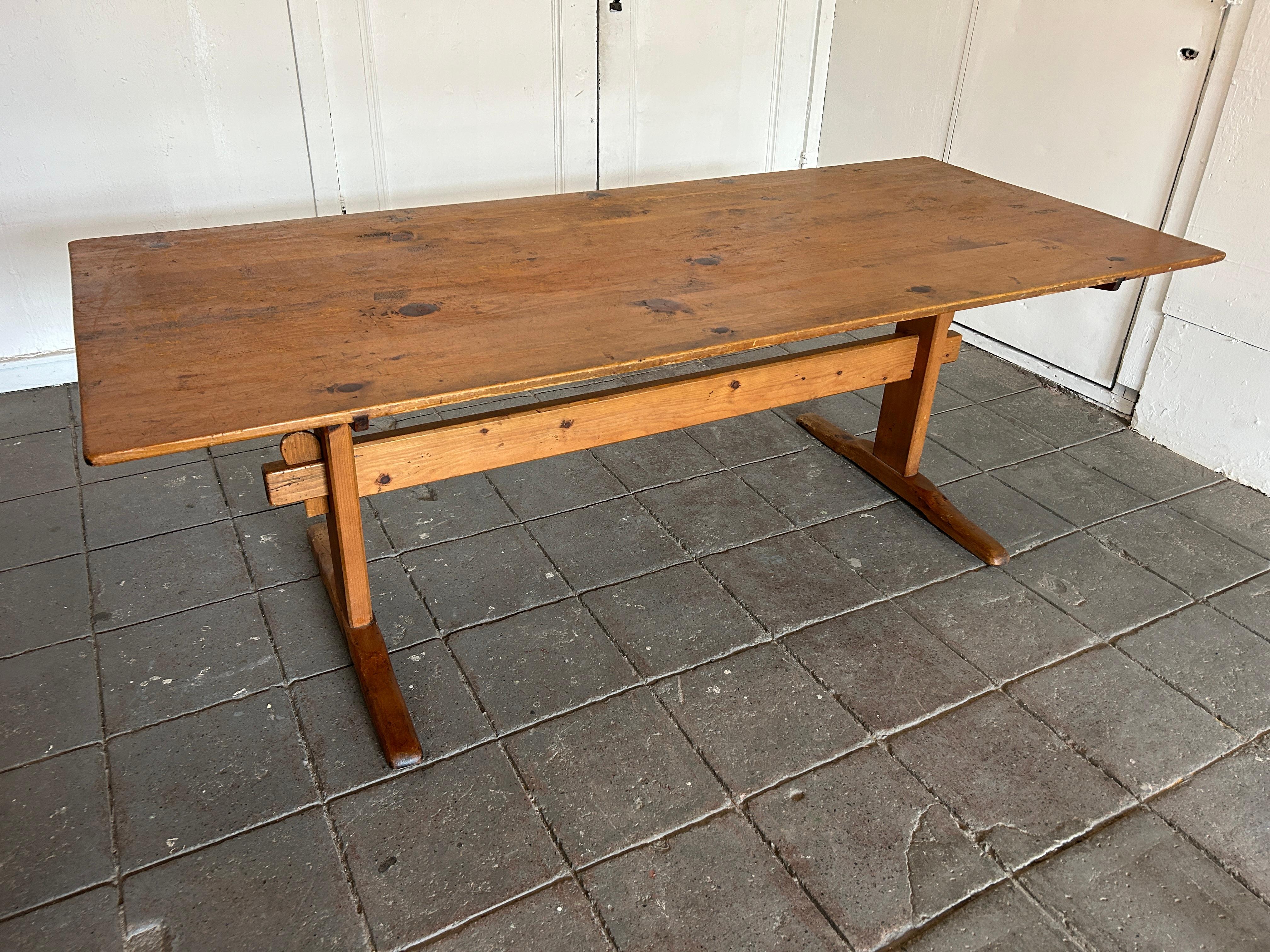 American Craftsman Vintage Antique Early American Rustic Solid Pine Farm Trestle Base Dining Table