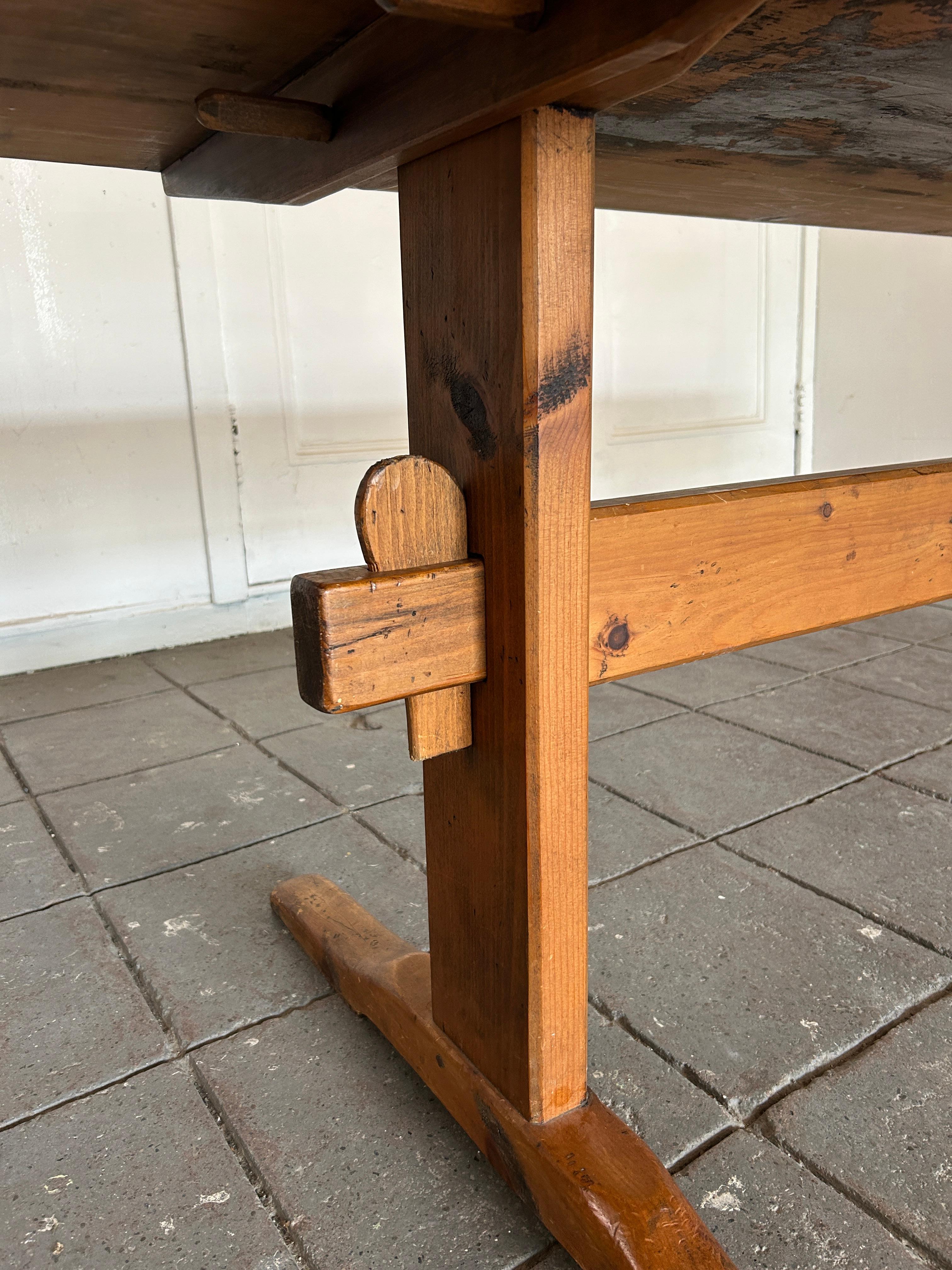 Woodwork Vintage Antique Early American Rustic Solid Pine Farm Trestle Base Dining Table