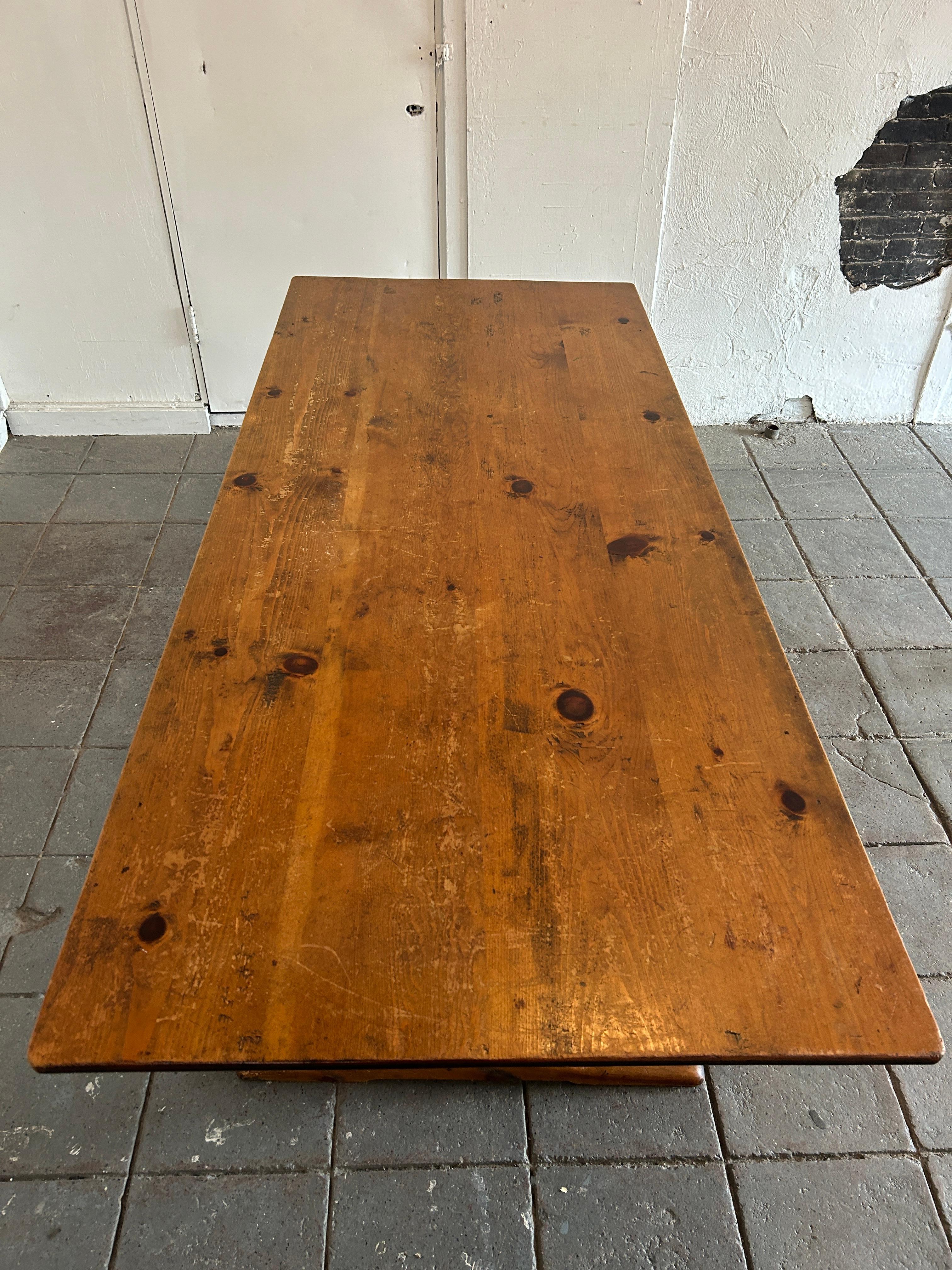 19th Century Vintage Antique Early American Rustic Solid Pine Farm Trestle Base Dining Table