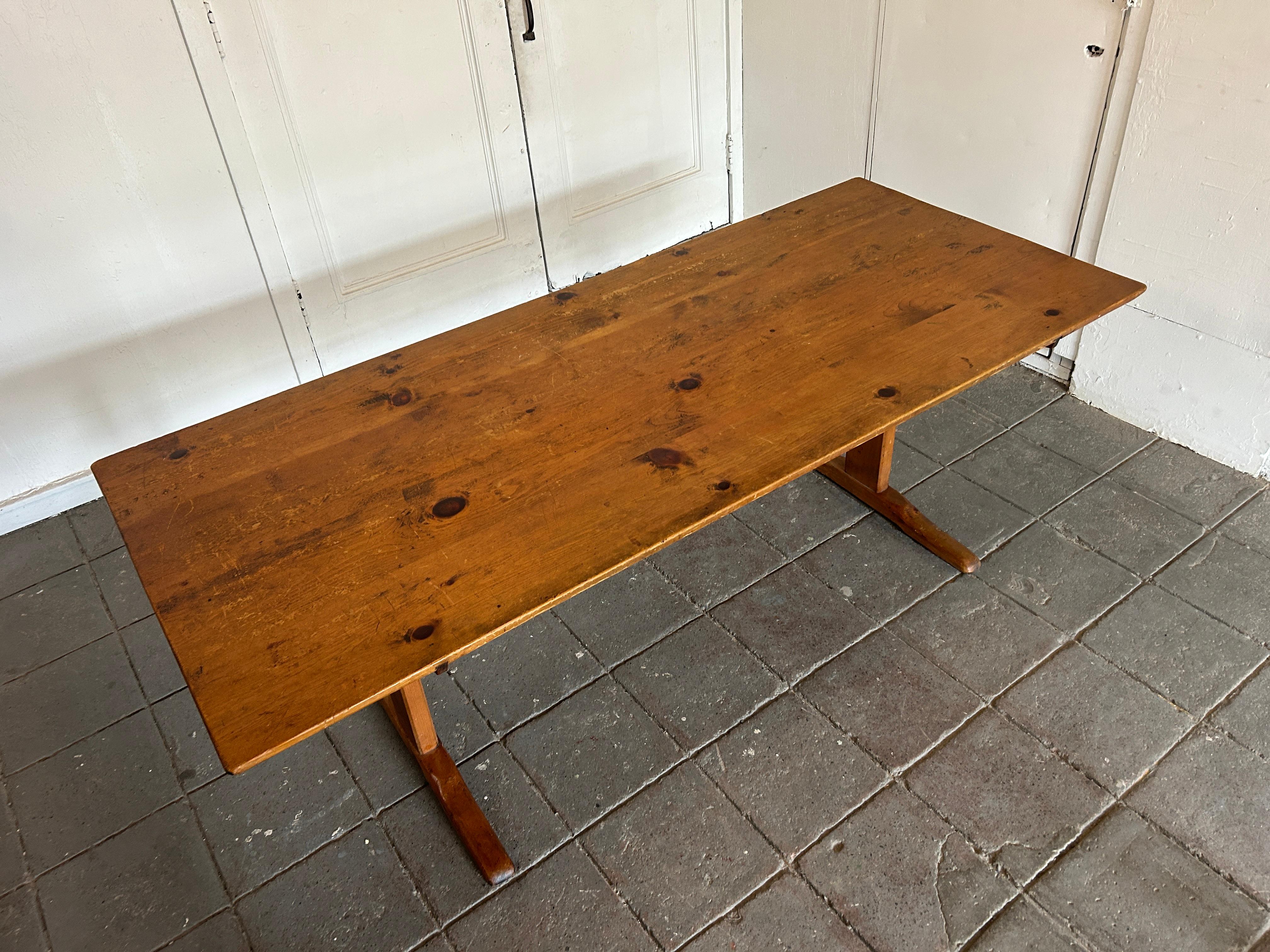 Vintage Antique Early American Rustic Solid Pine Farm Trestle Base Dining Table 1